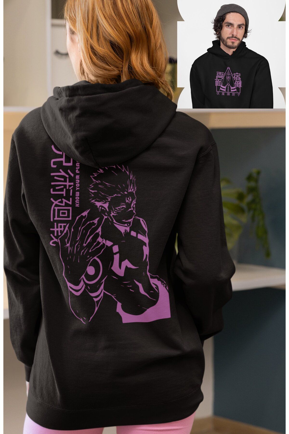 Fuddy Moda Oversize Purple Sukuna Sırt Baskılı Kapüşonlu Sweatshirt, Unisex Jujutsu Kaisen Anime Hoodie