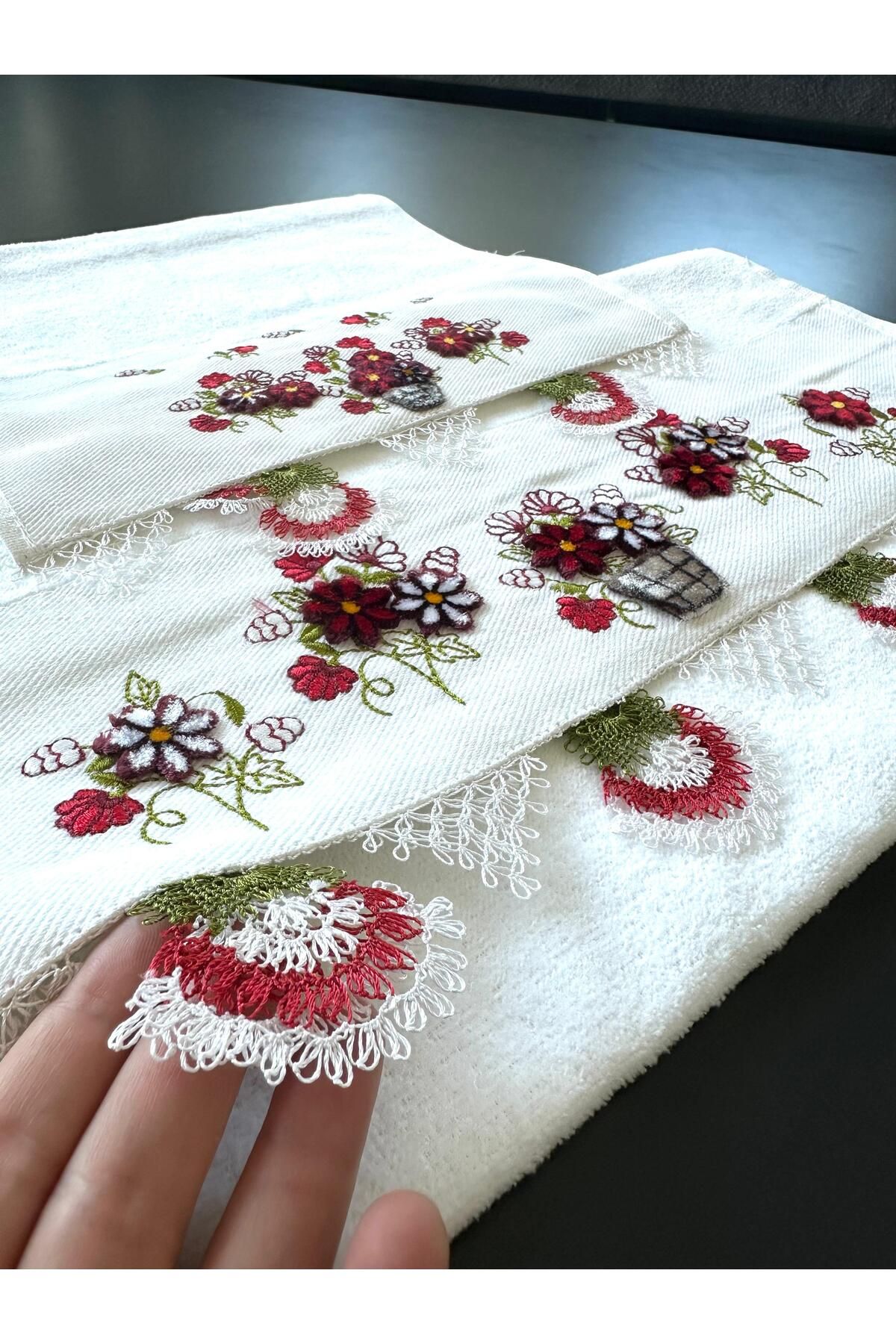 TREND El emeği iğne oyası analı kızlı havlu takımı (50x90 cm + 30x50 cm 2 kenar oyalı)