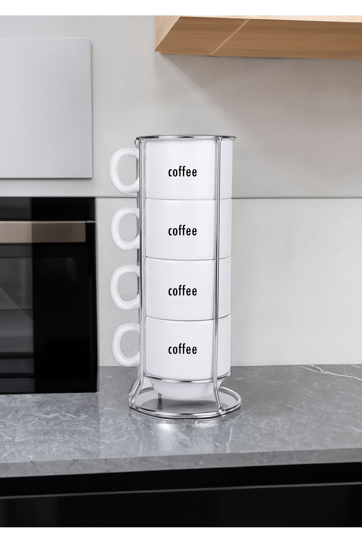 Home Minimal "coffee" Yazılı 4'lü Porselen Kupa Fincan Takımı ve Standı (Stand Dahil) 190 ml