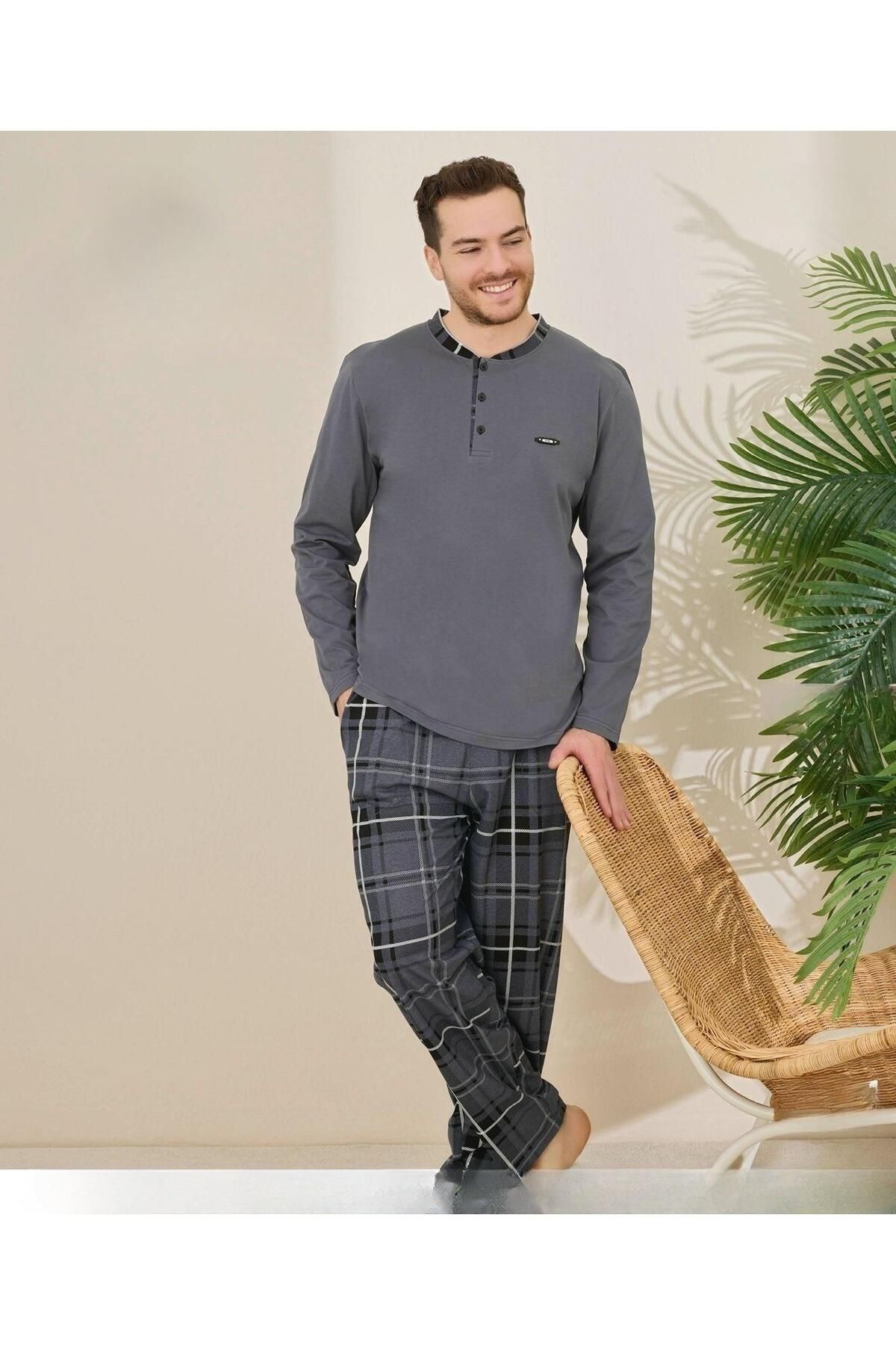 Pijamoni Erkek Pamuklu Düğme Yaka Uzun Kol İnce Pijama Takımı 100/3 - 1 Adet