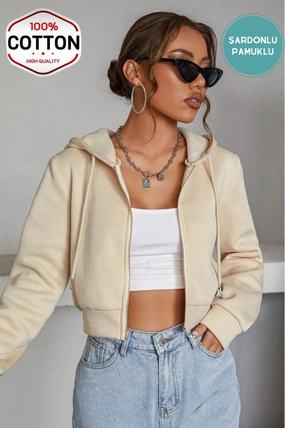 FS STORE Kadın Krem Crop Fitted Kapşonlu Zip Fermuarlı Polar Hırka Sweatshirt