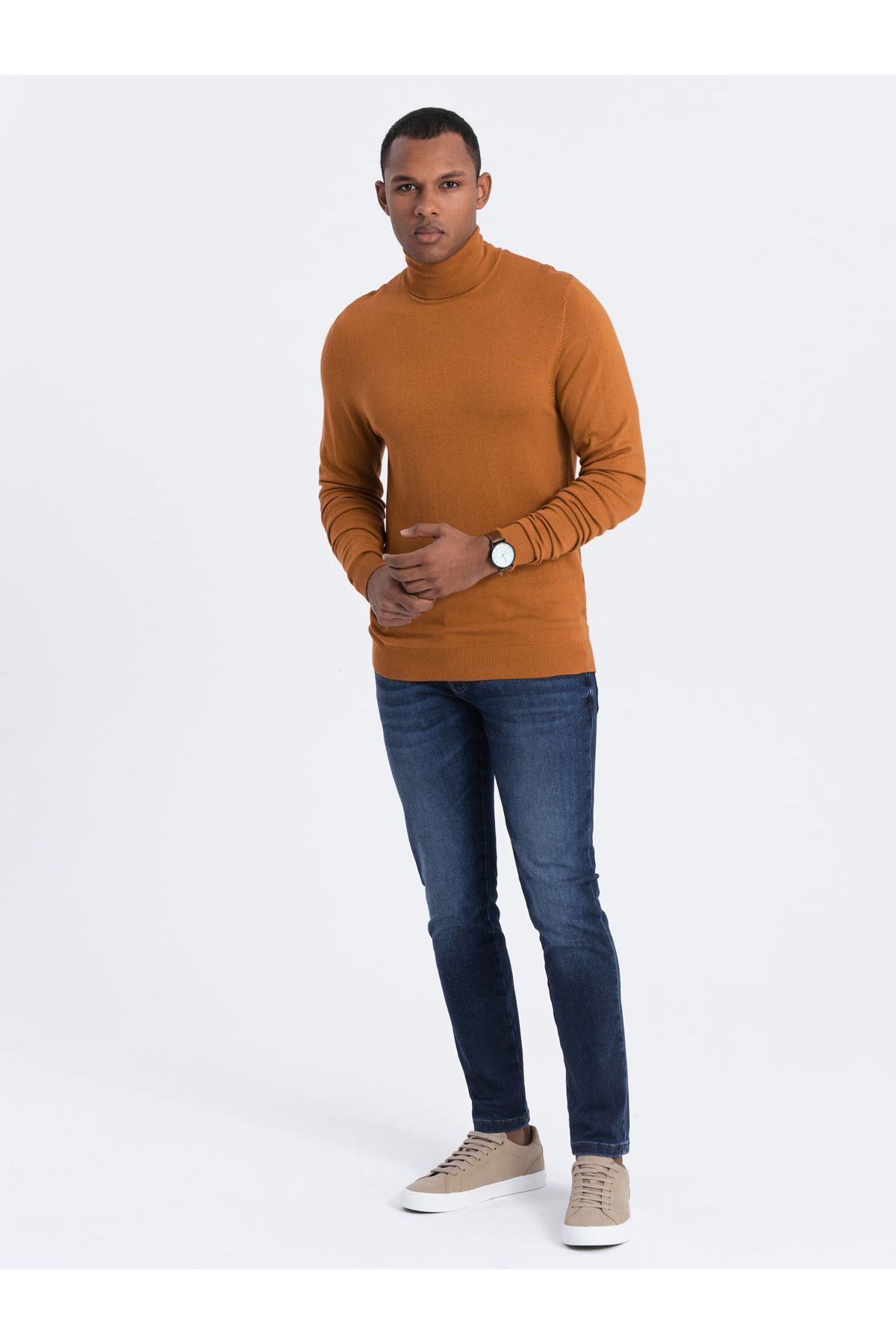 OMBRE-Men's knitted single-color turtleneck with viscose - camel V8 OM-SWTN-0101 XL 1