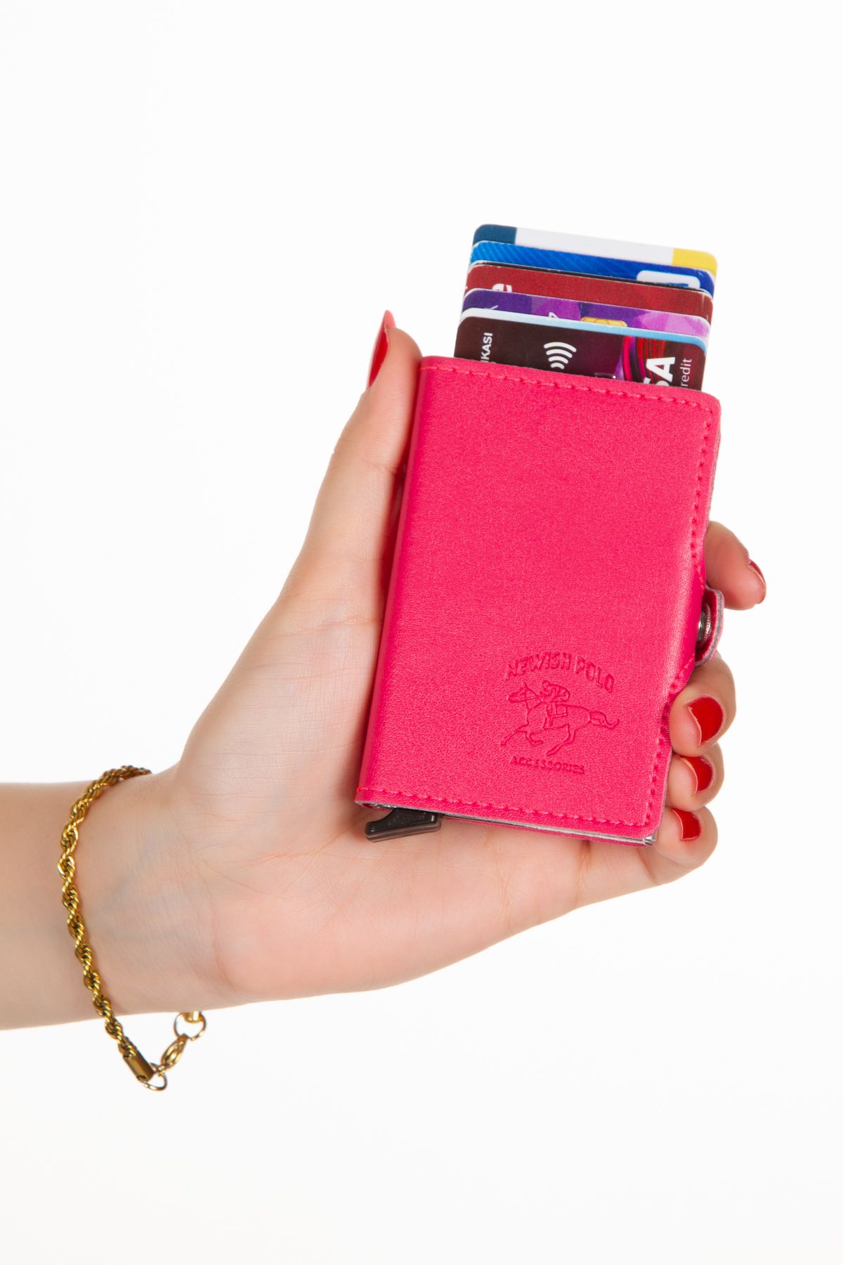 Newish Polo-Fuchsia Leather Automatic Card Anti-Shooting Aluminum Double Mechanism Card Holder and Wallet 5