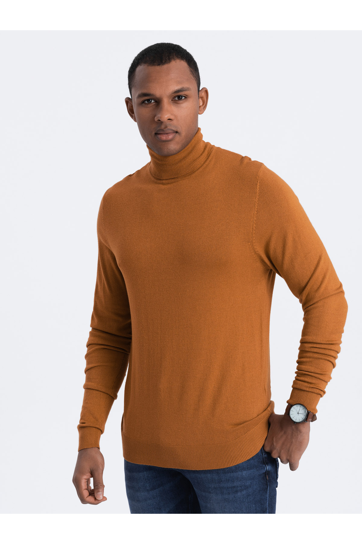 OMBRE-Men's knitted single-color turtleneck with viscose - camel V8 OM-SWTN-0101 XL 5