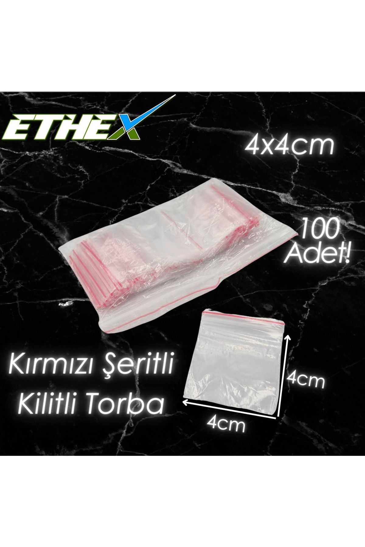 Ethex Kırmızı Şeritli Kilitli Torba 4x4 Cm 100 Adet - Gıda Uyumlu, Dayanıklı Ve Kullanışlı