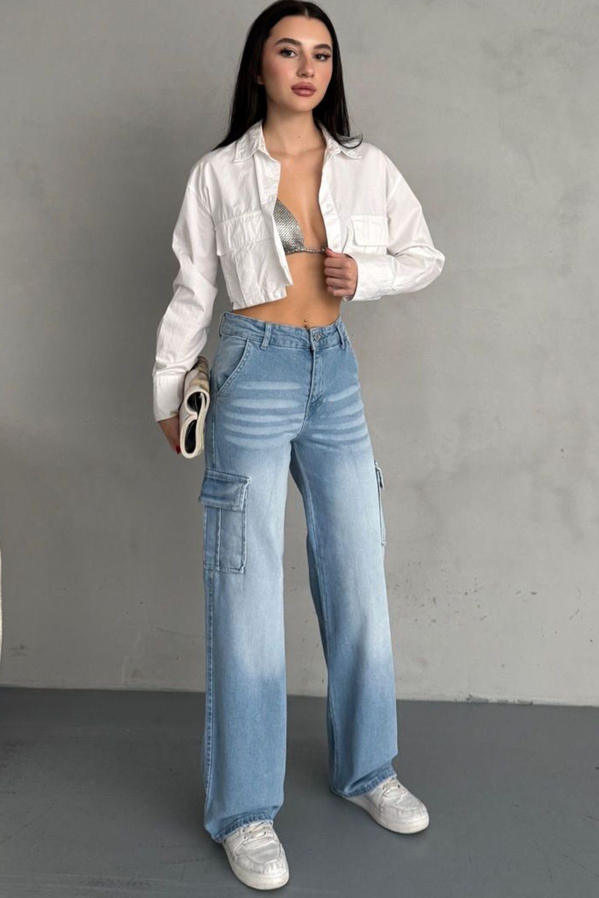 Naliru Yüksek Bel Pamuklu Fermuarlı Vintage Yıkamalı 6 Cepli Wide Leg Geniş Paça Kargo Denim Jean Pantolon