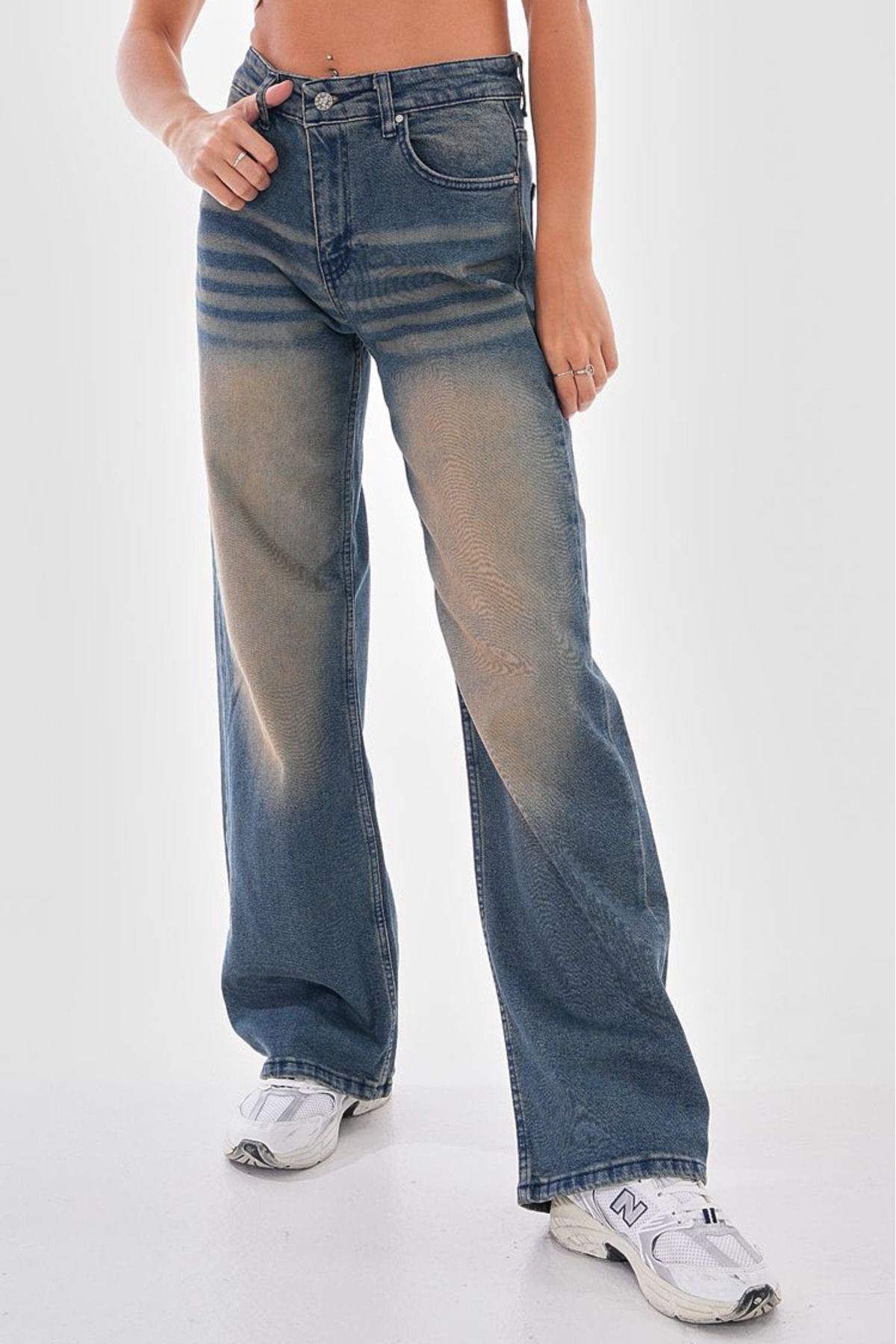 Naliru Normal Bel Straight Paça Baggy Fermuarlı Pamuklu Esnek Vintage Yıkamalı 5 Cepli Denim Jean Pantolon