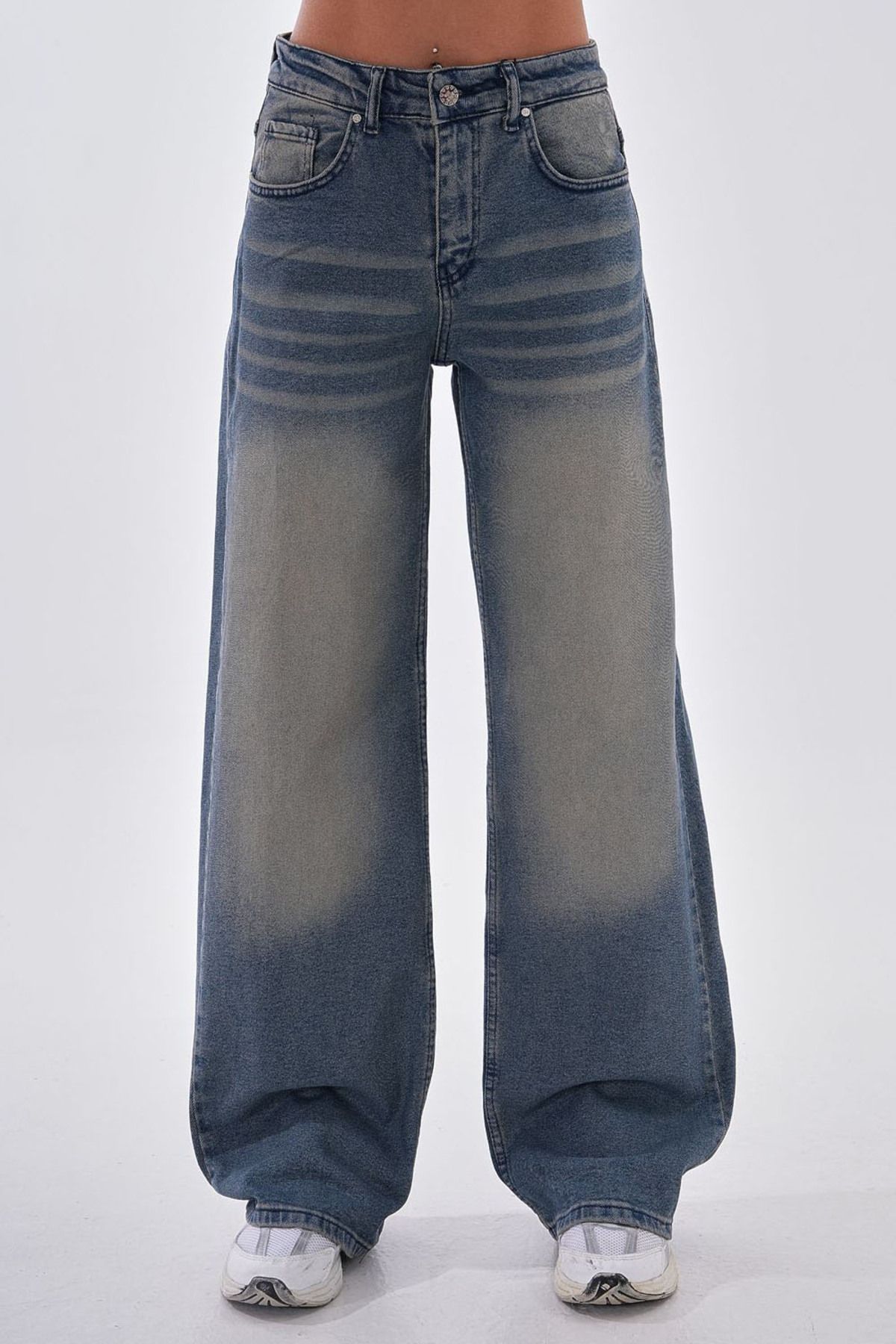 Naliru Normal Bel Straight Paça Baggy Fermuarlı Pamuklu Esnek Vintage Yıkamalı 5 Cepli Denim Jean Pantolon