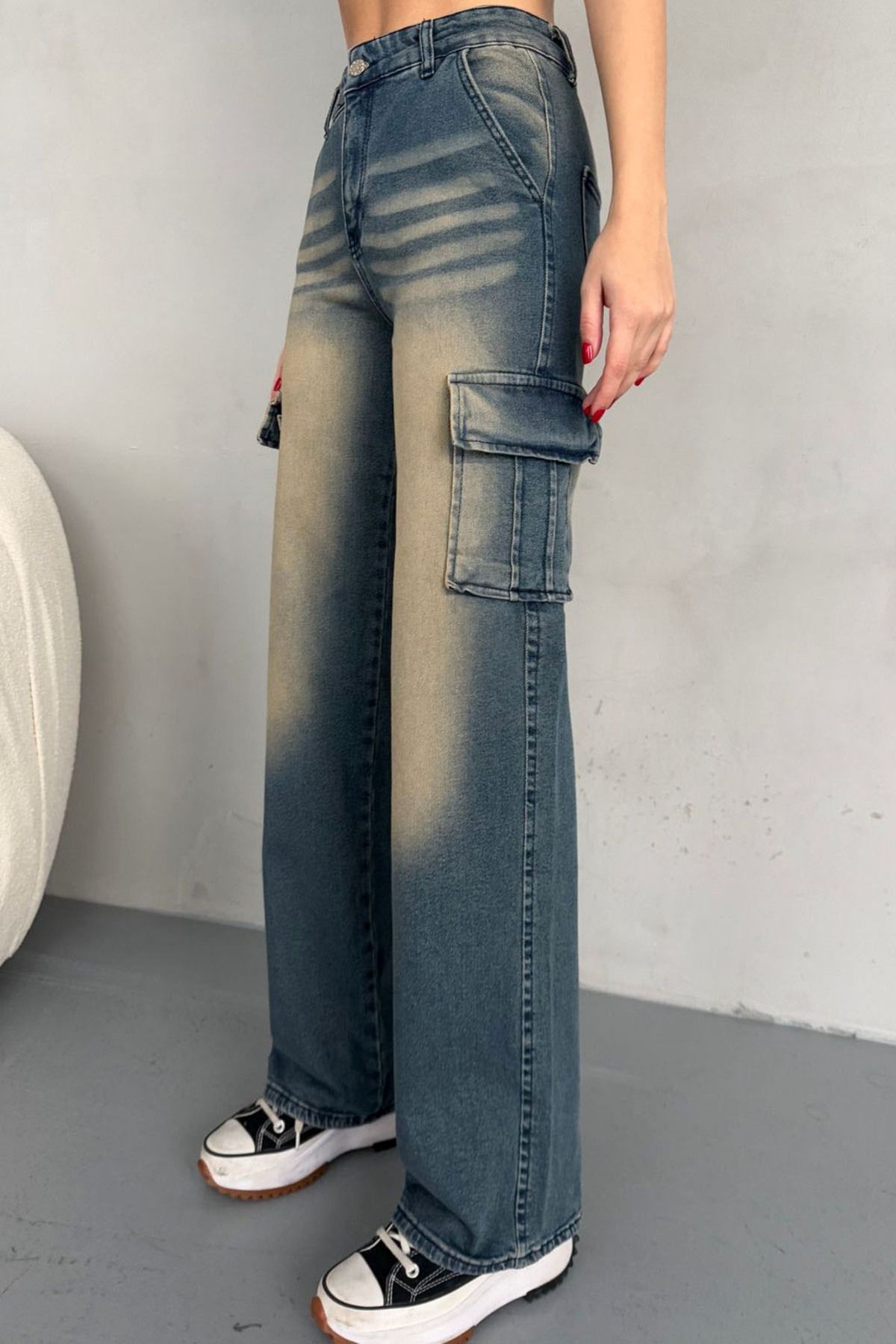 MissThetis Çift Kargo Cepli Wide Leg Geniş Paça Pamuklu Esnek Yıkamalı Vintage Efektli Denim Jean Pantolon