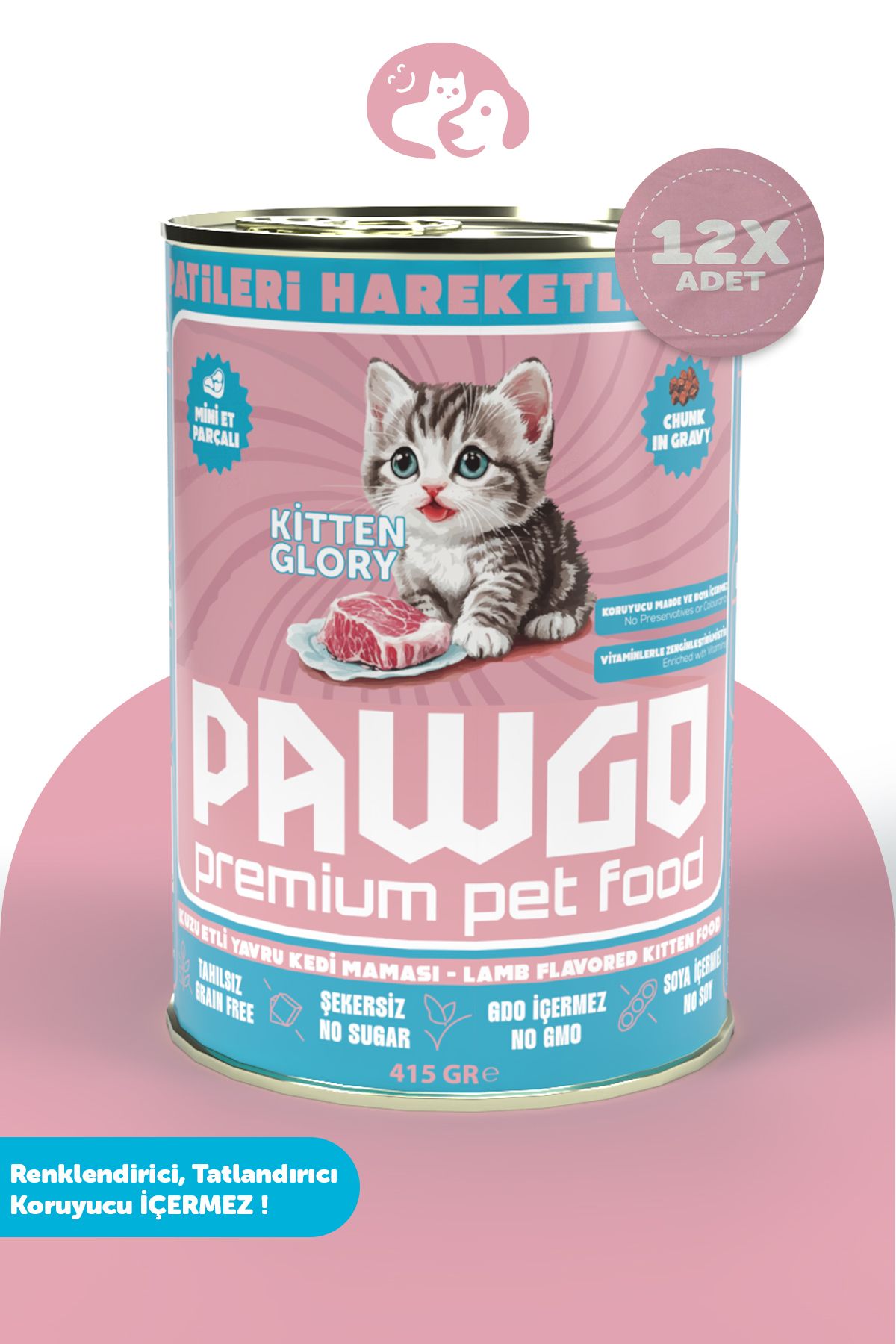 PAWGO Kitten Glory | Kuzu Etli | Premium | Yavru | Mini Parça Etli | Yavru Kedi Yaş Mama | 415gx 12