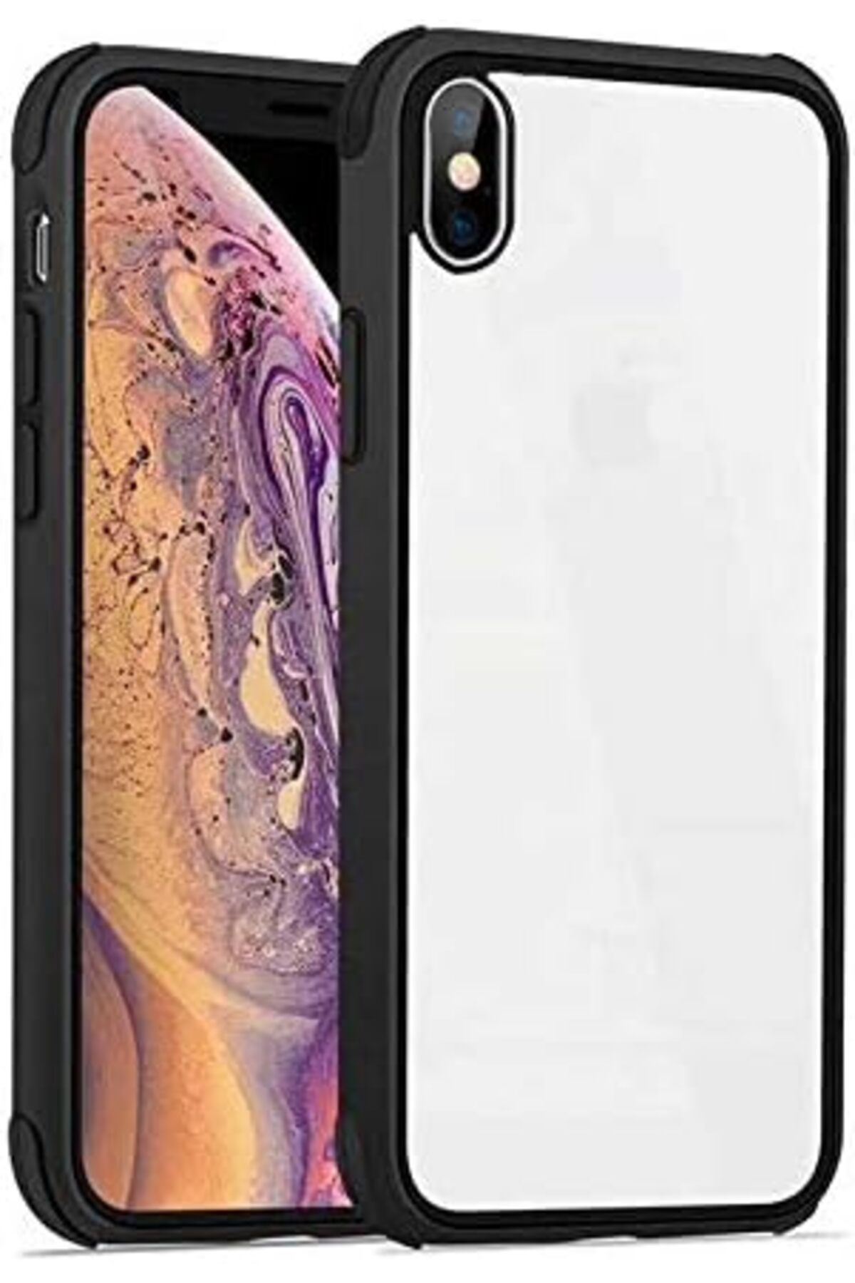 STOREMAX nffashopm iPhone XS Max Uyumlu Köşe Korumalı Yanları Renkli Arkası Şeffaf Silikon Kılıf (Siy