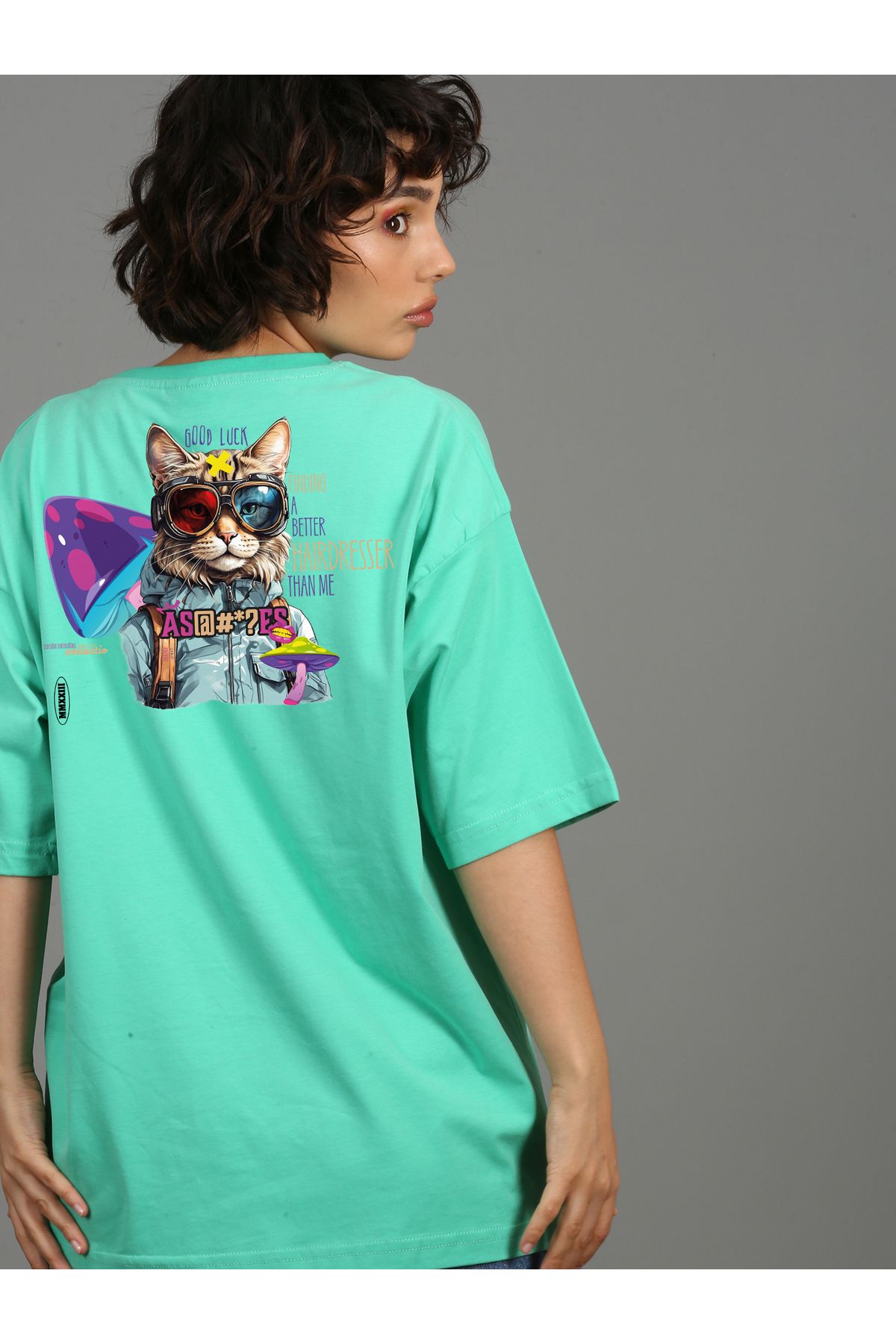 doksanaltı Premium Oversize  Unisex Baskılı T-shirt Cat - Mint Yeşili