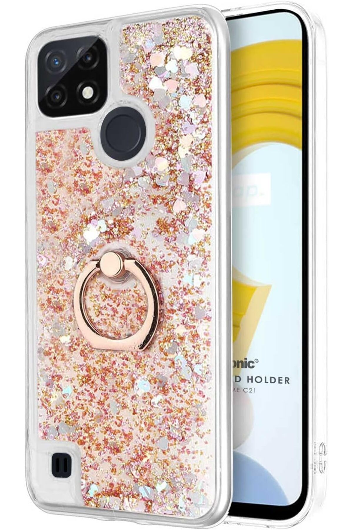 yenibagshop Realme C21 uyumlu Kılıf Glitter Liquid Holder Gold [Realme C21 ile Uyumlu Kılıf - Gold]