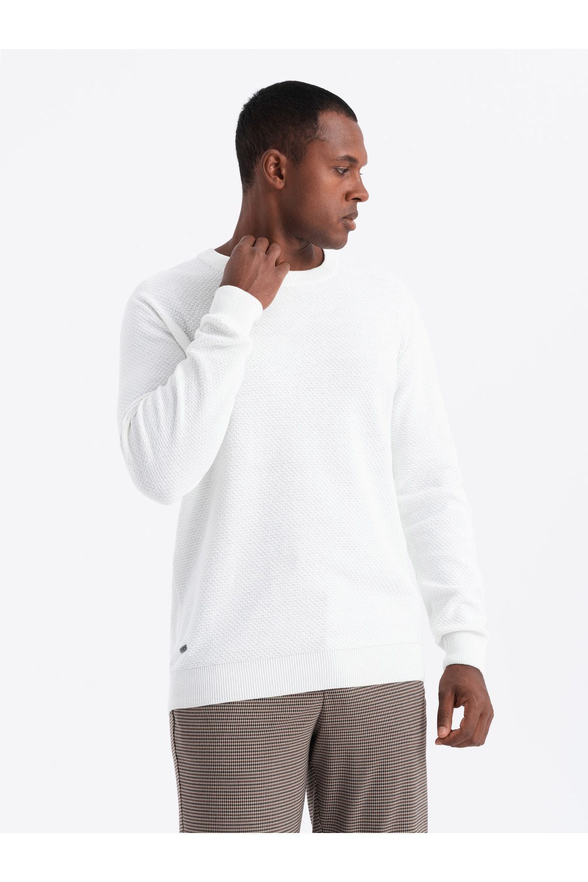OMBRE-Herren Strickpullover RELAXED FIT in Rautenwebung - gebrochenes Weiß V1 OM-SWSW-0110 L 1
