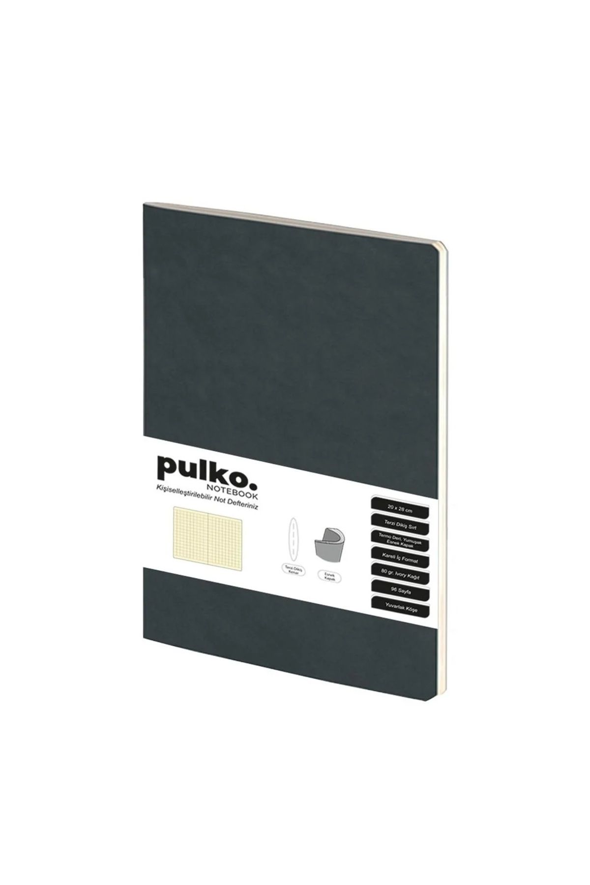 PULKO Notebook Not Defteri, (20x28cm), Terzi Dikiş, Esnek Kapak, 96 Sayfa, Krem Kağıt, Kareli, Siyah