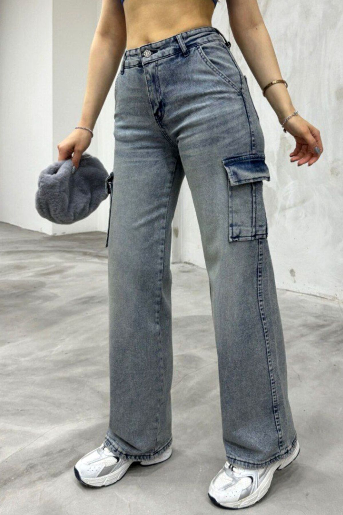 MissThetis Yüksek Bel Yıkamalı Efektli Çift Kargo Cepli Pamuklu Düz Geniş Paça Wide Leg Denim Jean Pantolon