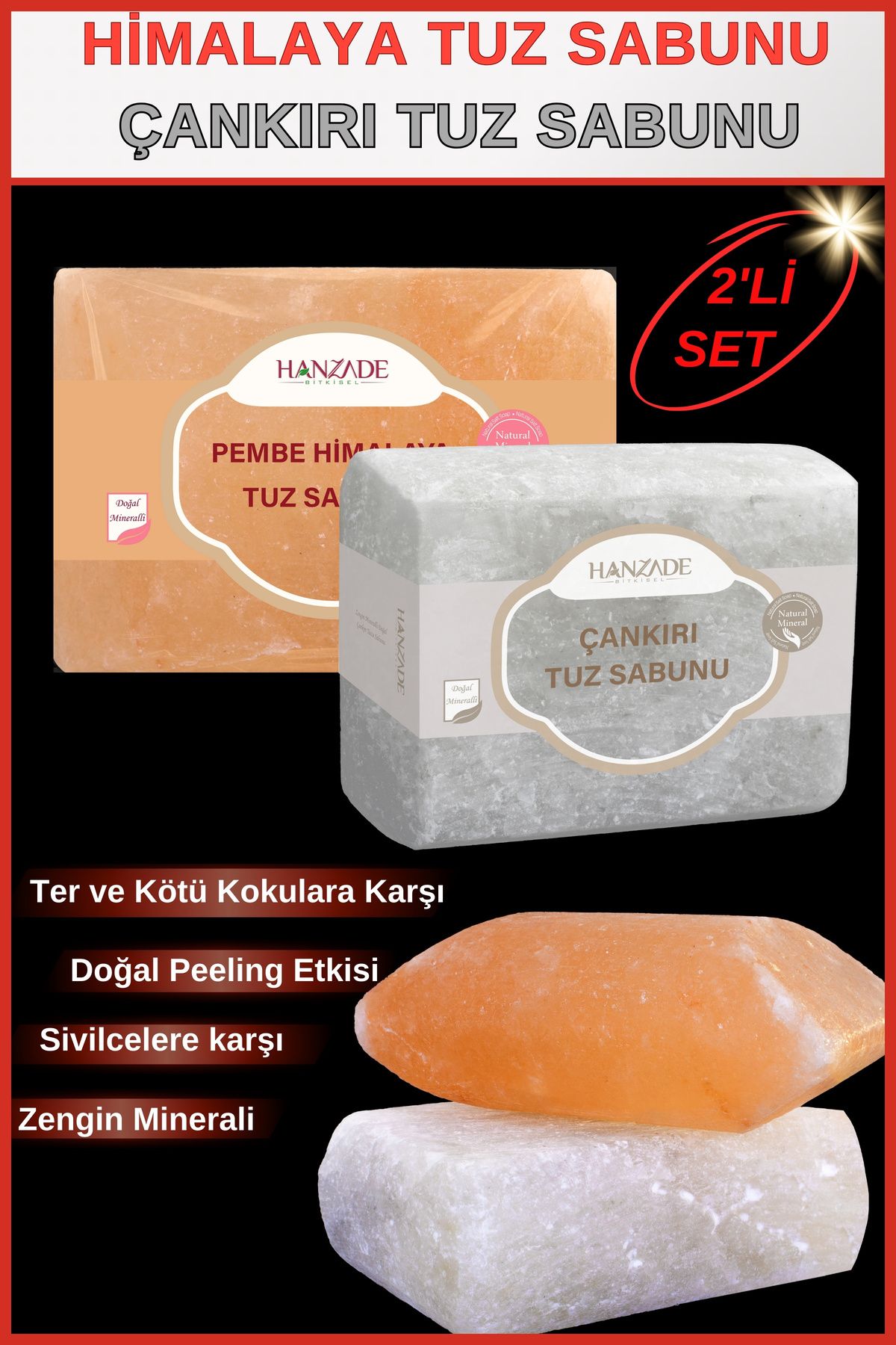 Hanzade Bitkisel Çankırı Tuz Sabunu + Himalaya Tuz Sabunu 2'li Set 300-350 Gr Zengin Mineralli Doğal Saf Kaya Tuzu