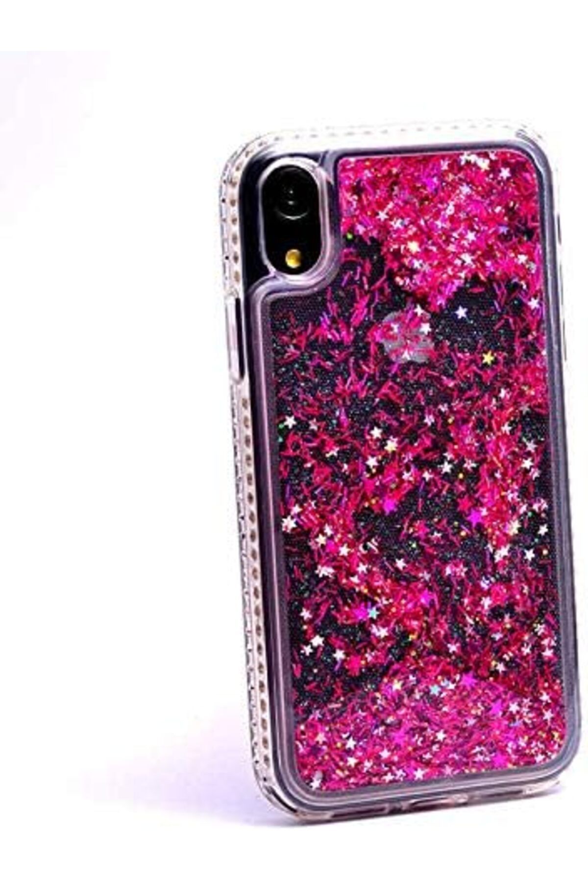 STOREMAX daiviolastore iPhone XR Uyumlu Yanları Taşlı Sulu Simli Lüx Silikon Kılıf (Pembe, iPhone XR) D