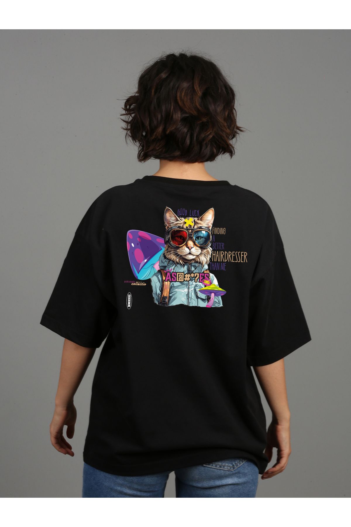 doksanaltı Premium Oversize  Unisex Baskılı T-shirt Cat - Siyah