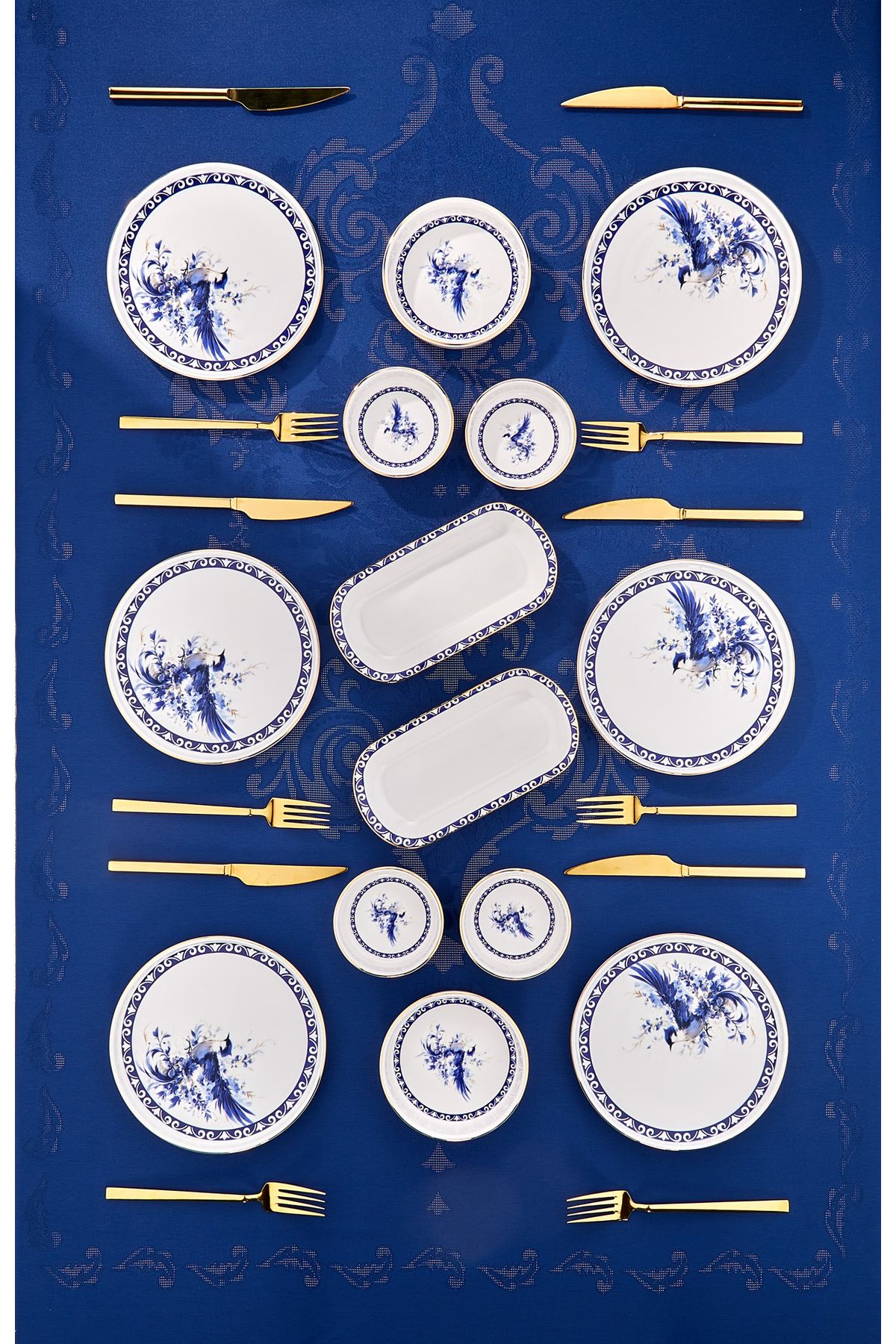 Cornella 14-Piece 6-Person Blue Bird Lux Porcelain Breakfast Set and Presentation Set