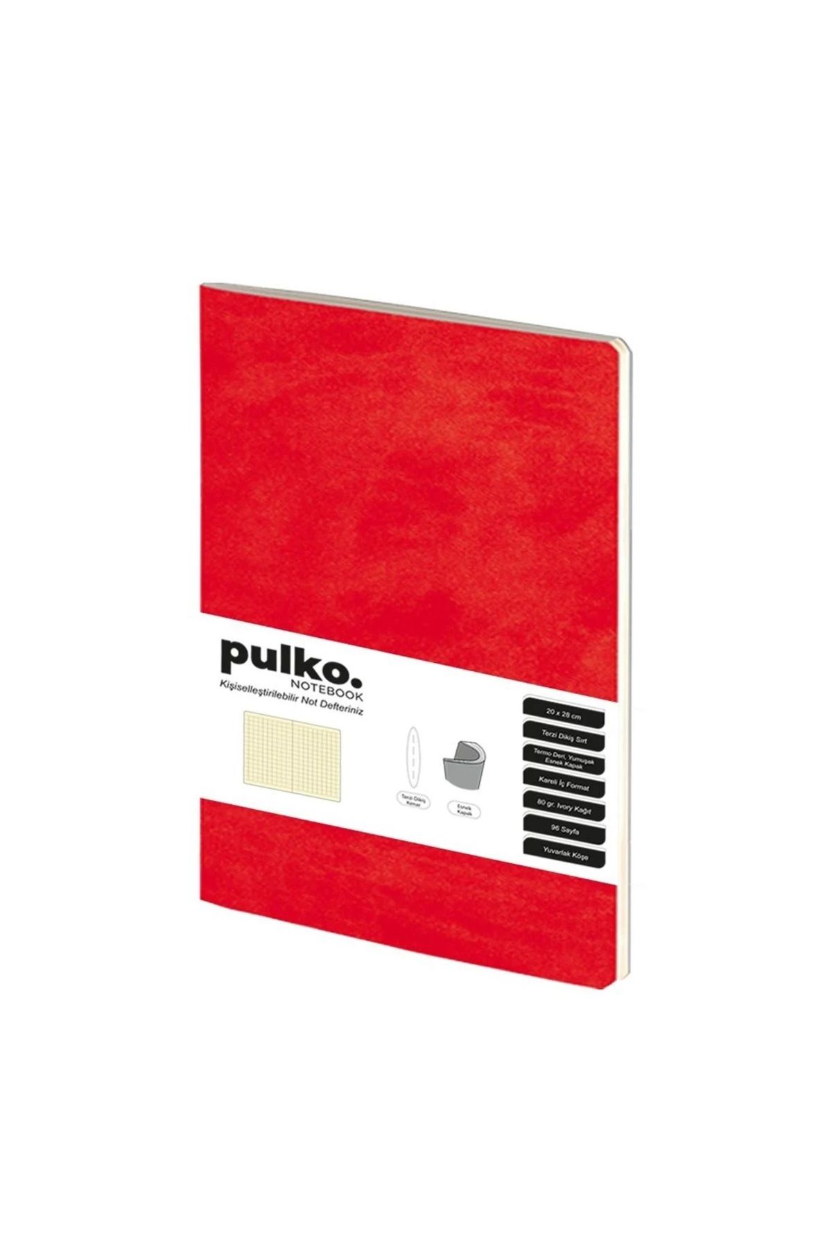 PULKO Notebook Not Defteri, (20x28cm), Terzi Dikiş, Esnek Kapak, 96 Syf, Krem Kağıt, Kareli, Kırmızı