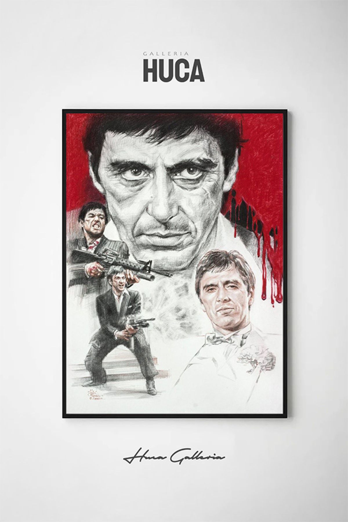 Huca Scarface - Karakalem Poster - Tony Montana Poster - Çerçevesiz - Film Poster Premium Art