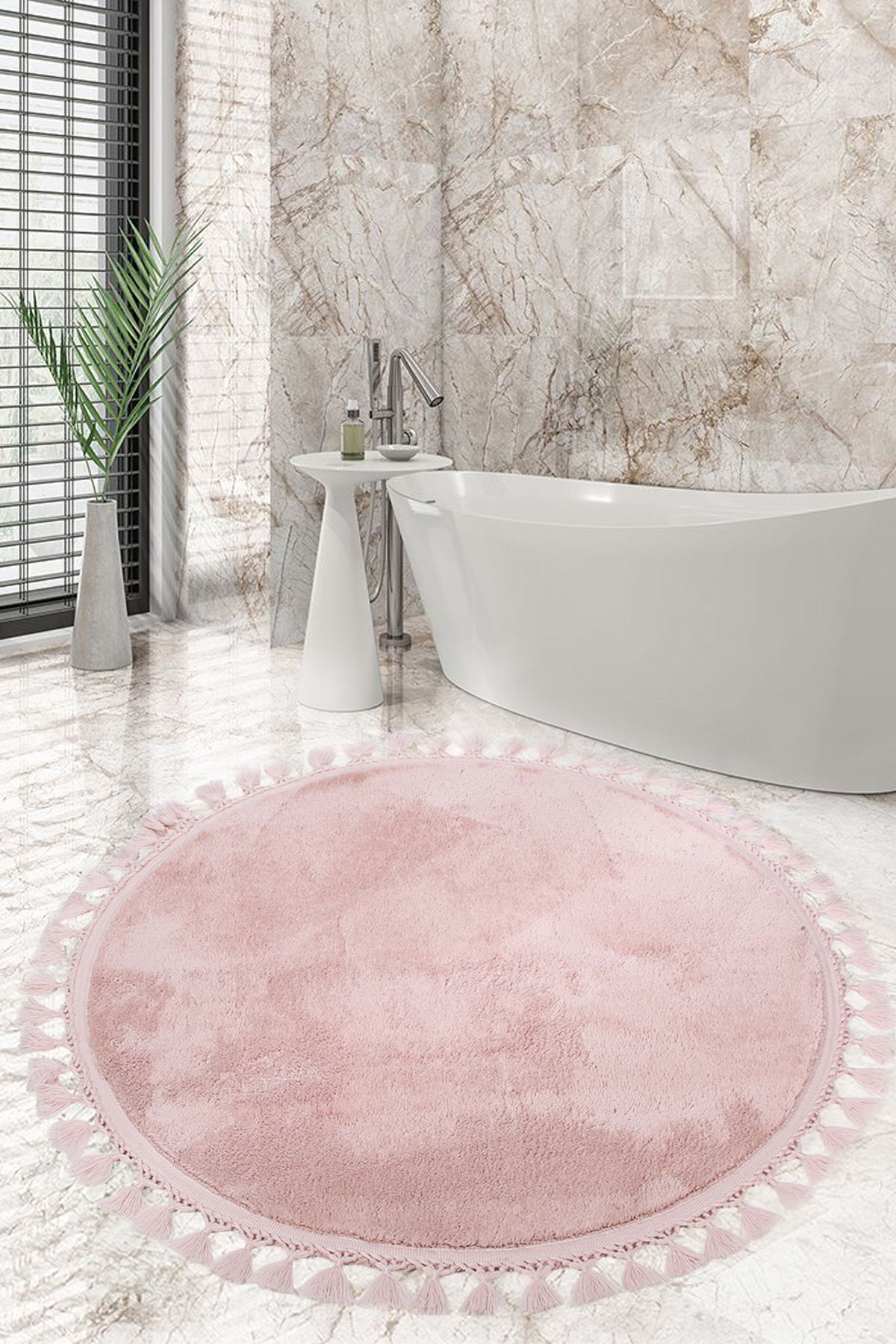 AVANTAJ Relax Pudra (100x100 cm) Yuvarlak  Ponpon Saçaklı Banyo Paspası Kaymaz Tabanlı Makinede Yıkanabilir