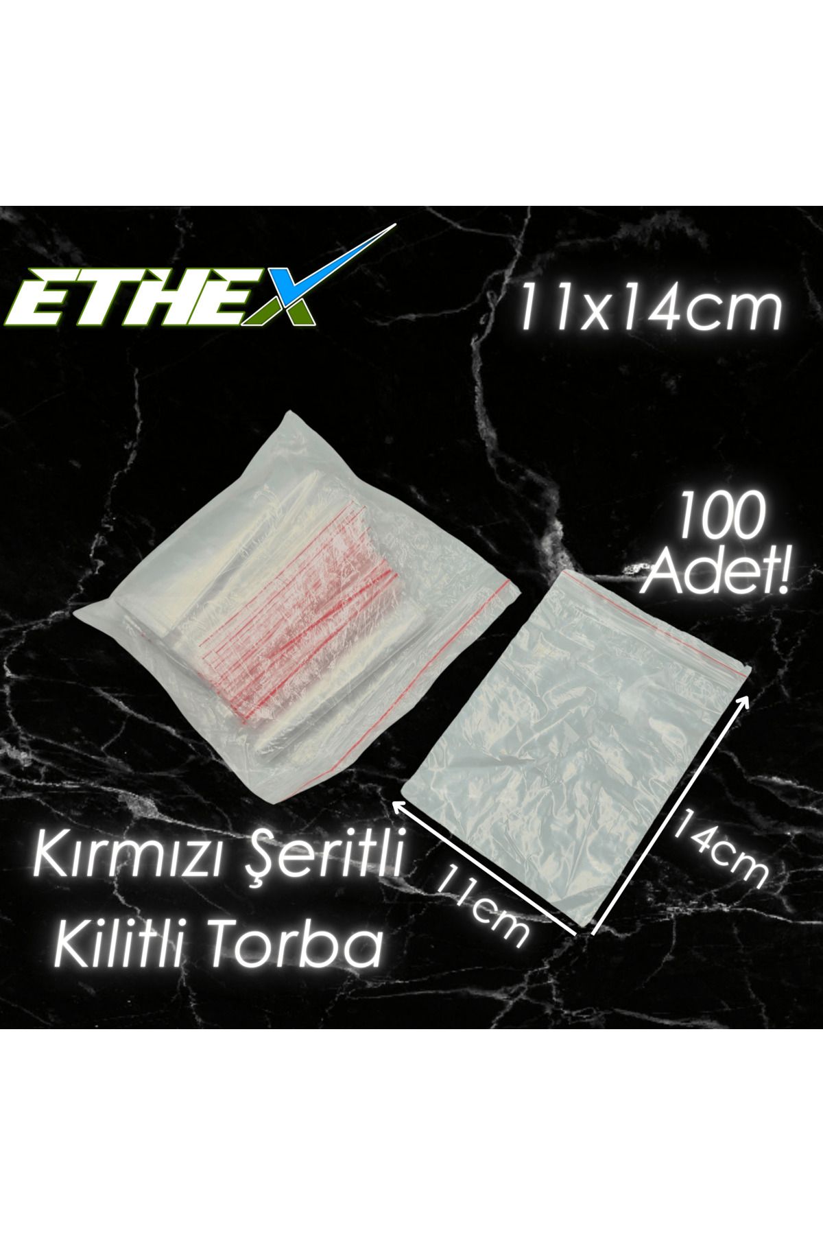 Ethex Kırmızı Şeritli Kilitli Torba 11x14 cm 100 Adet - Gıda Uyumlu, Dayanıklı ve Kullanışlı