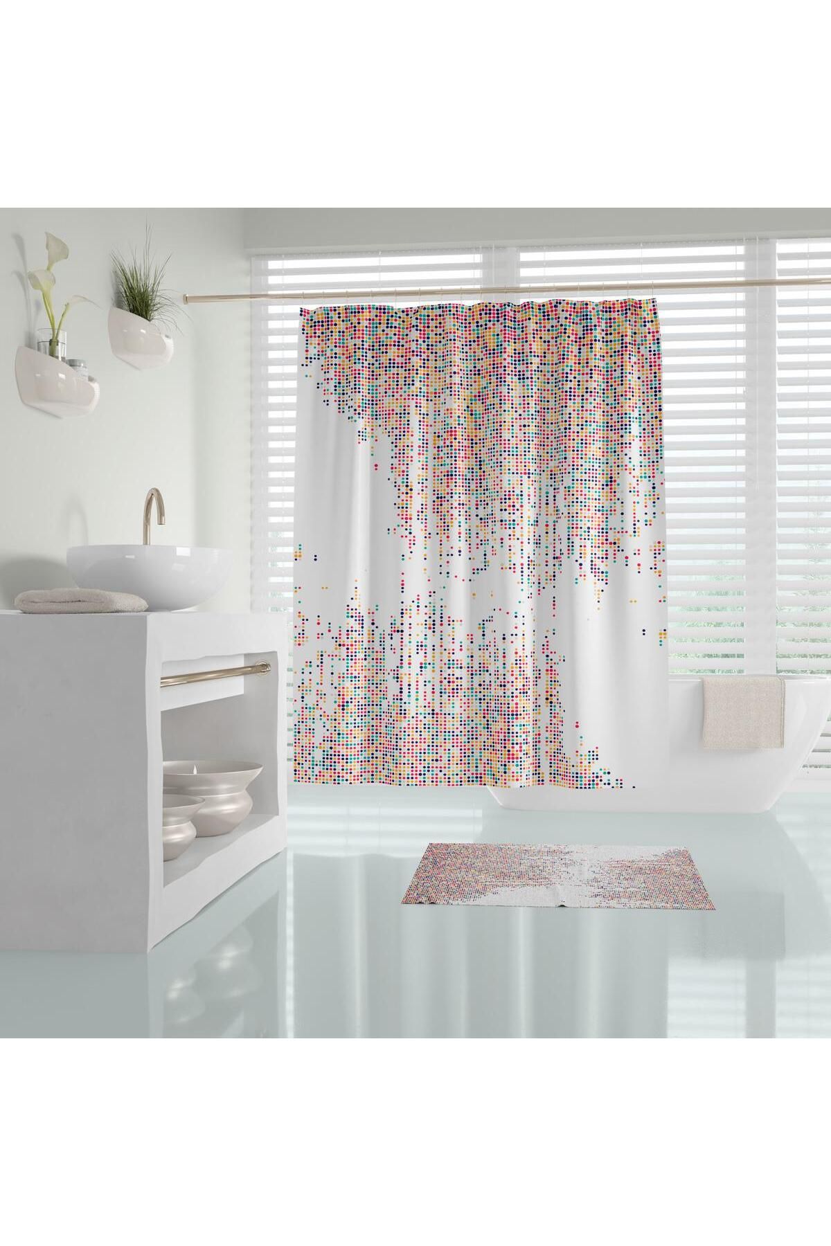 Zethome Banyo Paspas Ve Tek Kanat Duş Perdesi 1x180x200 Set Banyo Halısı Dotted