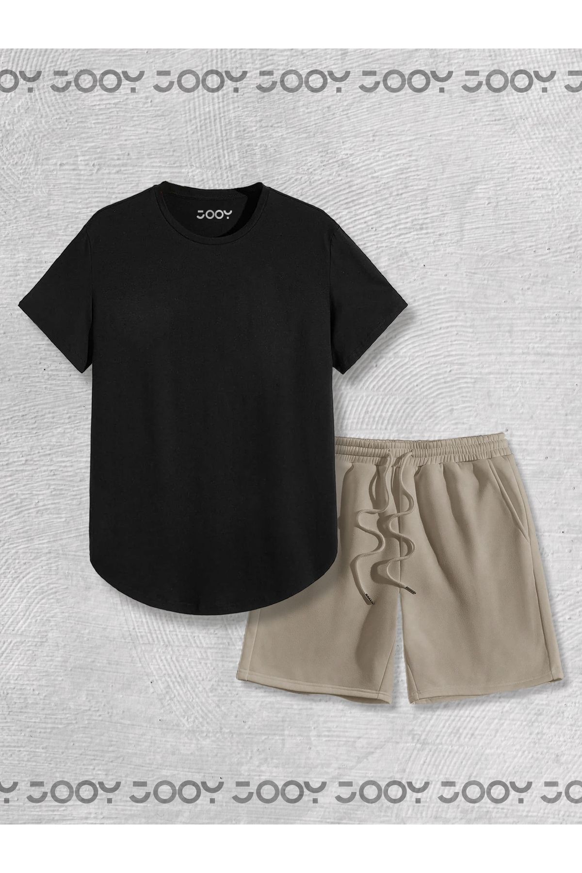 Jooy-Black Oval Cut Tshirt - Beige Combed Cotton Shorts Set of 2 1