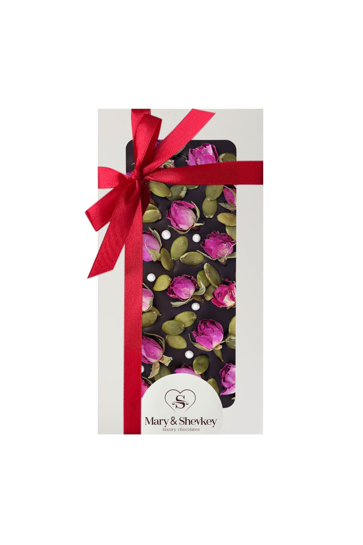 mary&shevkey luxury chocolates Bitter Çikolata El Yapımı Gül ve Kabak Çekirdekli Besleyici Lüks Sevgililer Günü Çikolatası 115gr