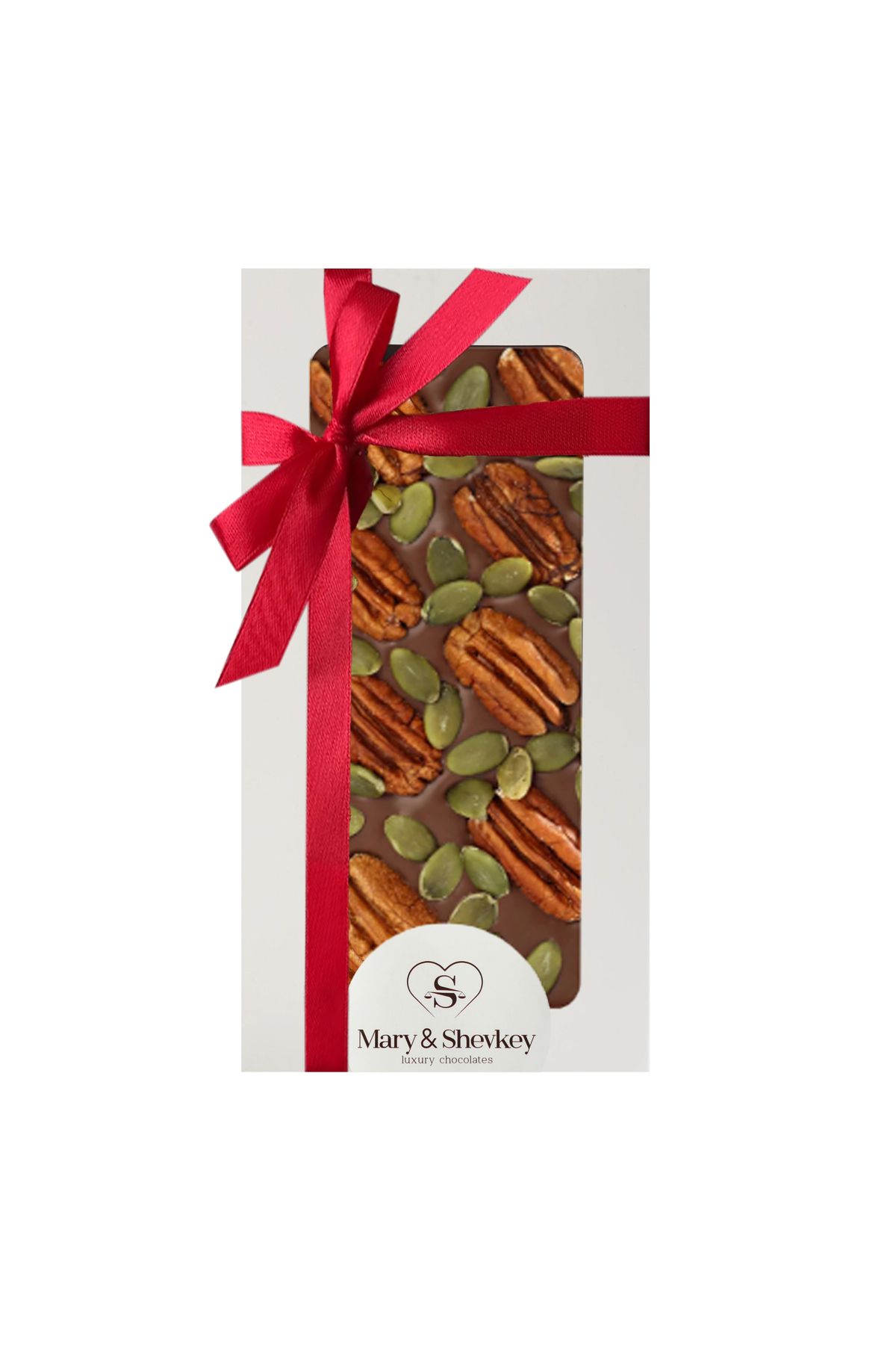 mary&shevkey luxury chocolates Sütlü Çikolata Pikan Cevizi ve Kabak Çekirdeği İçeren Lüks Sevgililer Günü Çikolatası 125gr