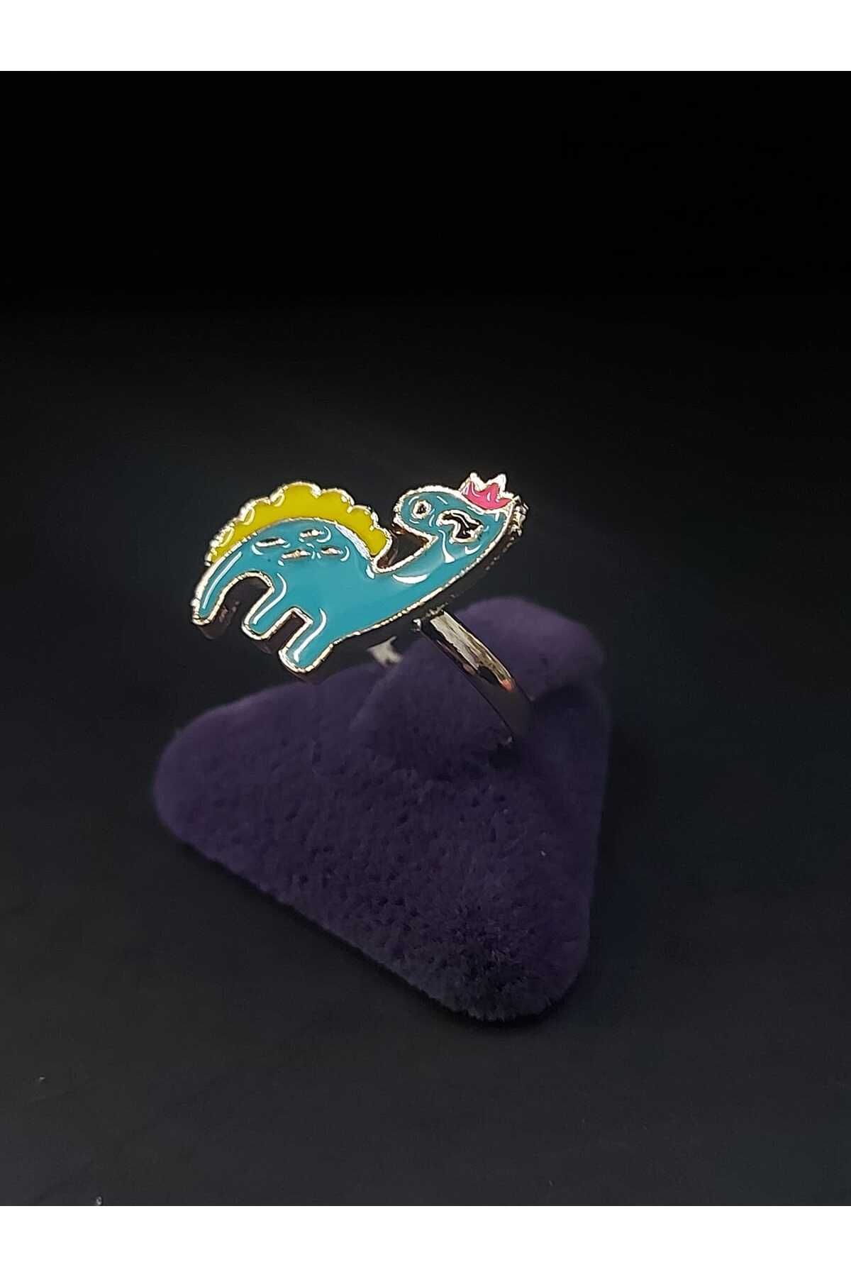 sarıyer silver-Dinosaur Figured Multicolor Bright Enamel Embroidered Adjustable Model Children's Steel Ring 5