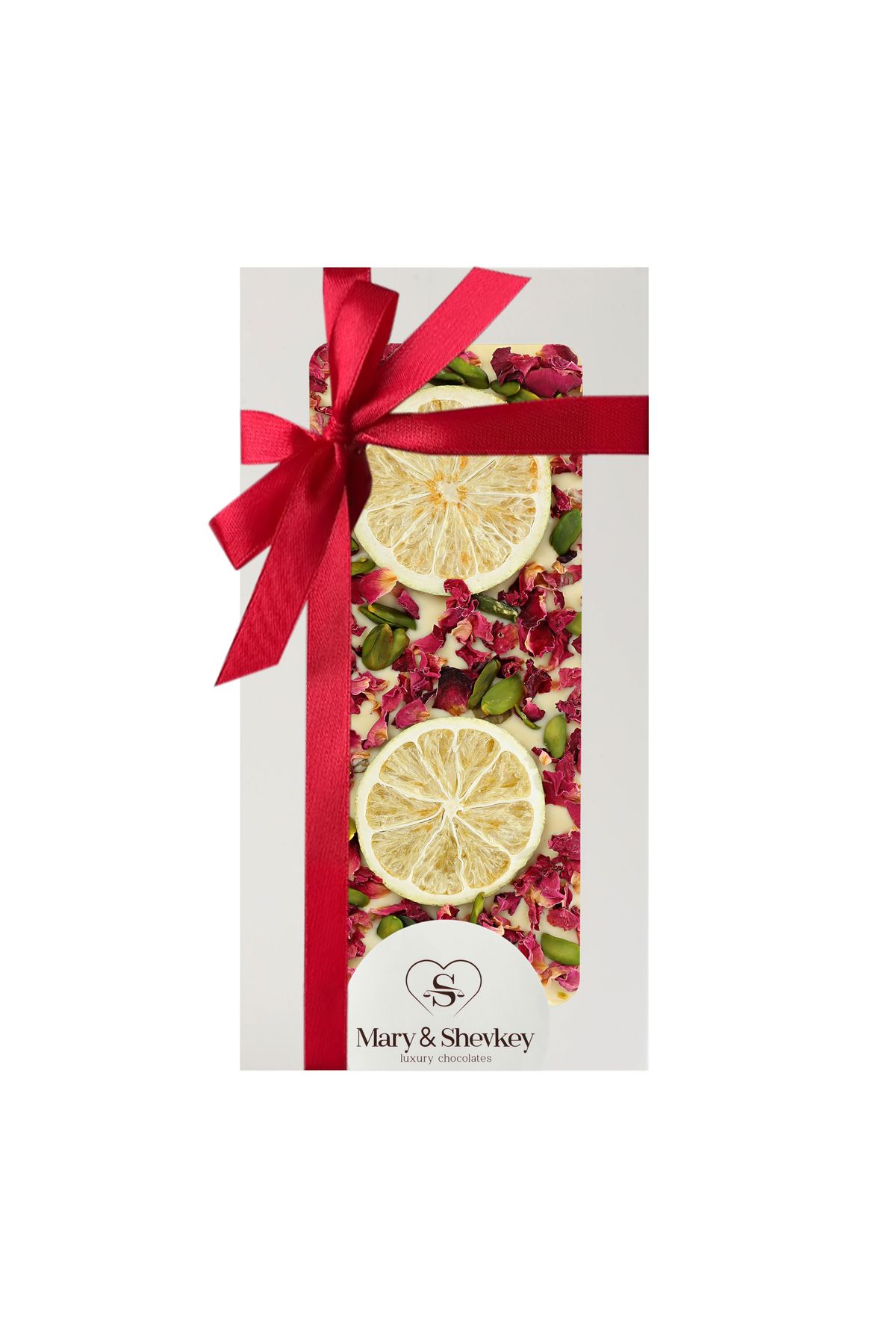 mary&shevkey luxury chocolates Beyaz Çikolata Antep Fıstığı, Lime (Freeze Dried) İçeren Meyveli Sevgililer Günü Çikolatası 110gr