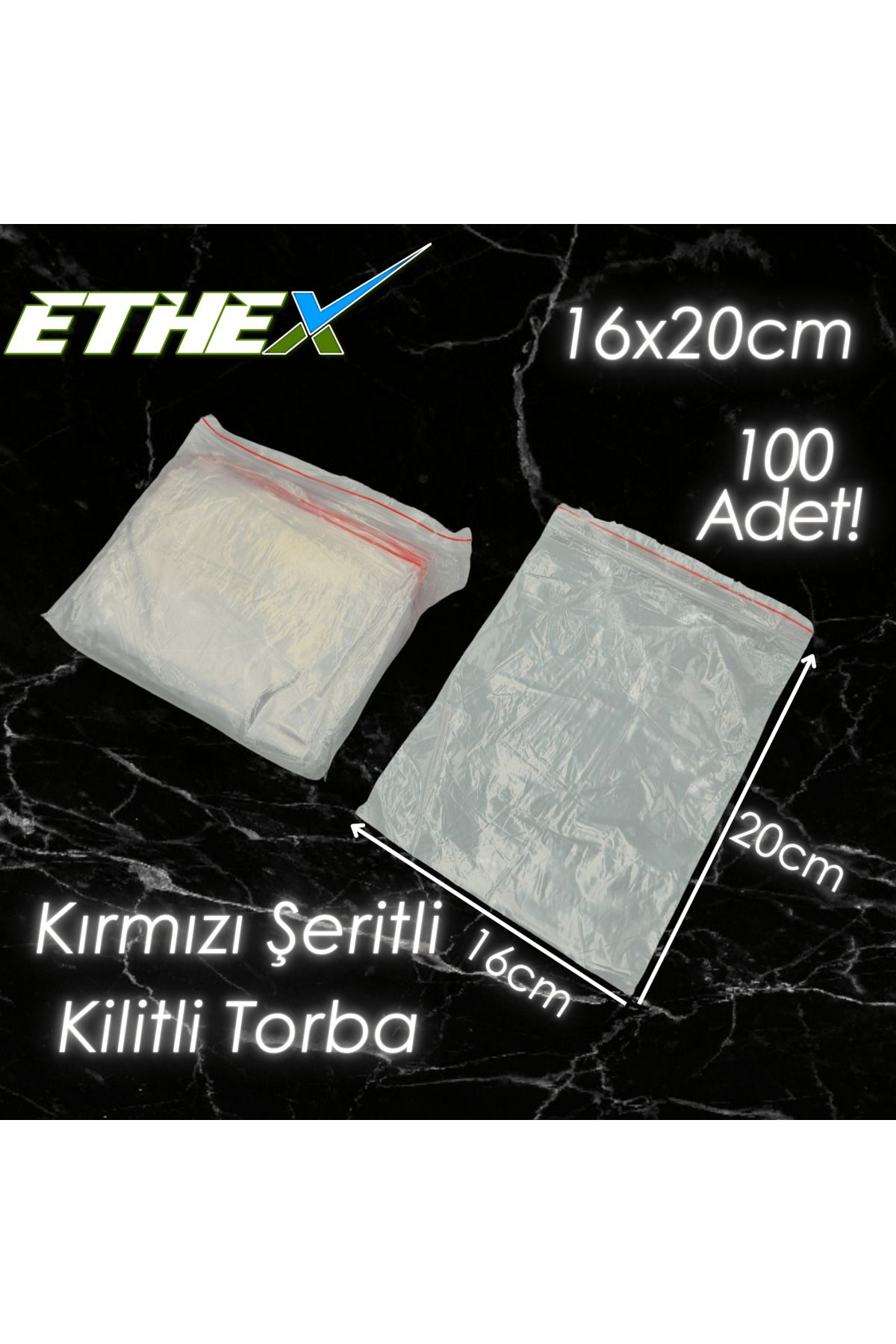 Ethex Kırmızı Şeritli Kilitli Torba 16x20 cm 100 Adet - Gıda Uyumlu, Dayanıklı ve Kullanışlı