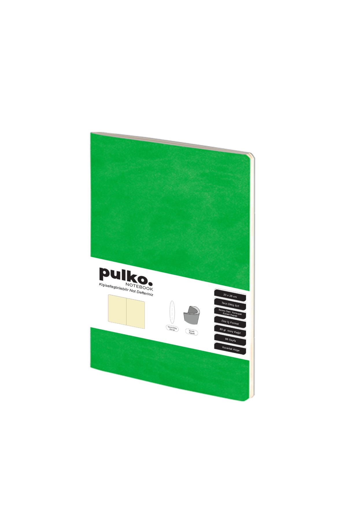 PULKO Notebook Not Defteri, (20x28cm), Terzi Dikiş, Esnek Kapak, 96 Sayfa, Krem Kağıt, Düz, Yeşil