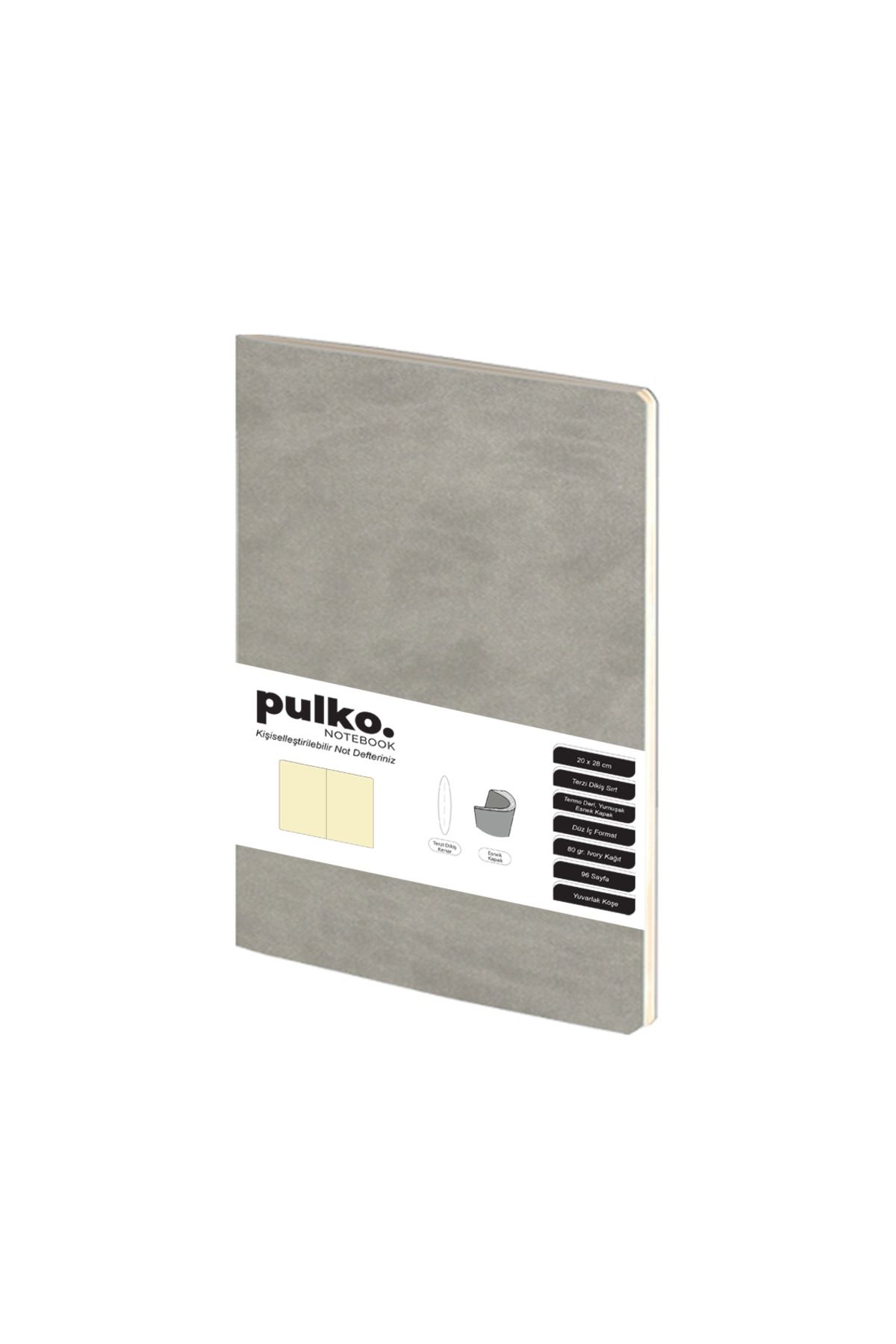 PULKO Notebook Not Defteri, (20x28cm), Terzi Dikiş, Esnek Kapak, 96 Sayfa, Krem Kağıt, Düz, Gri