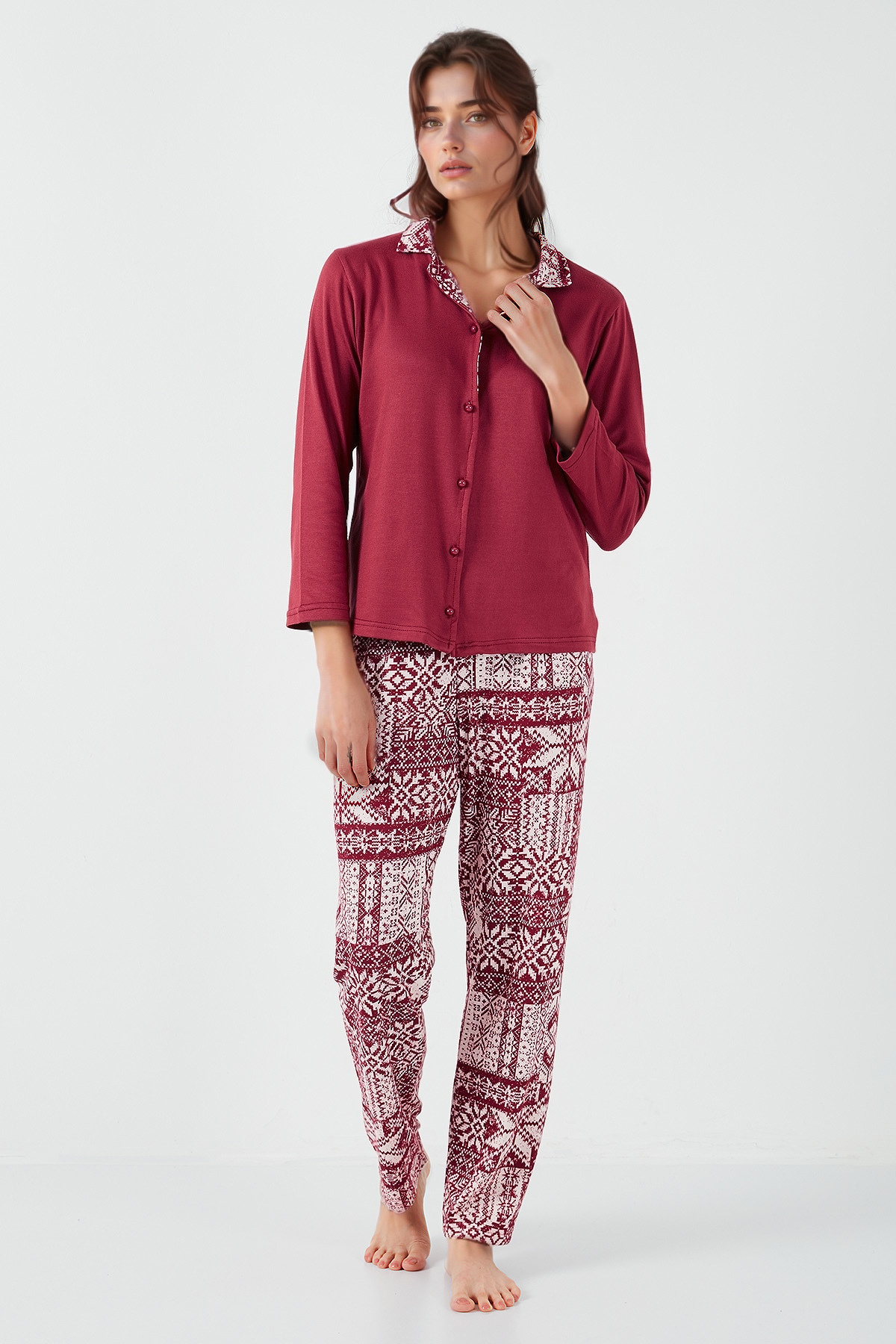 Lela-Apash Collar and Print Regular Fit Wide Leg Pajamas Set - Elastic Waist 65714300 3
