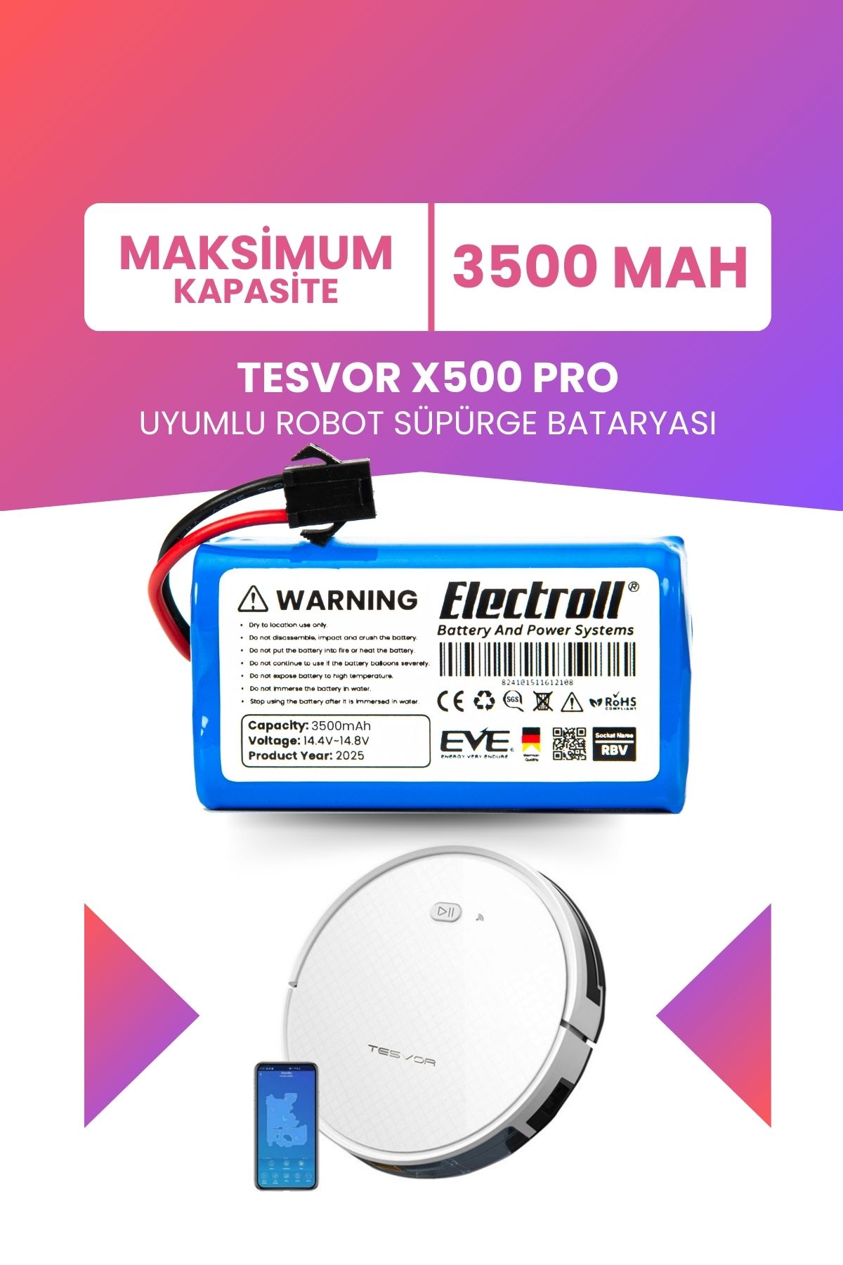 ELECTROLL Tesvor X500 Pro Uyumlu Batarya (MAKSİMUM KAPASİTE) 3500mah Pil Robot Süpürge Bataryası