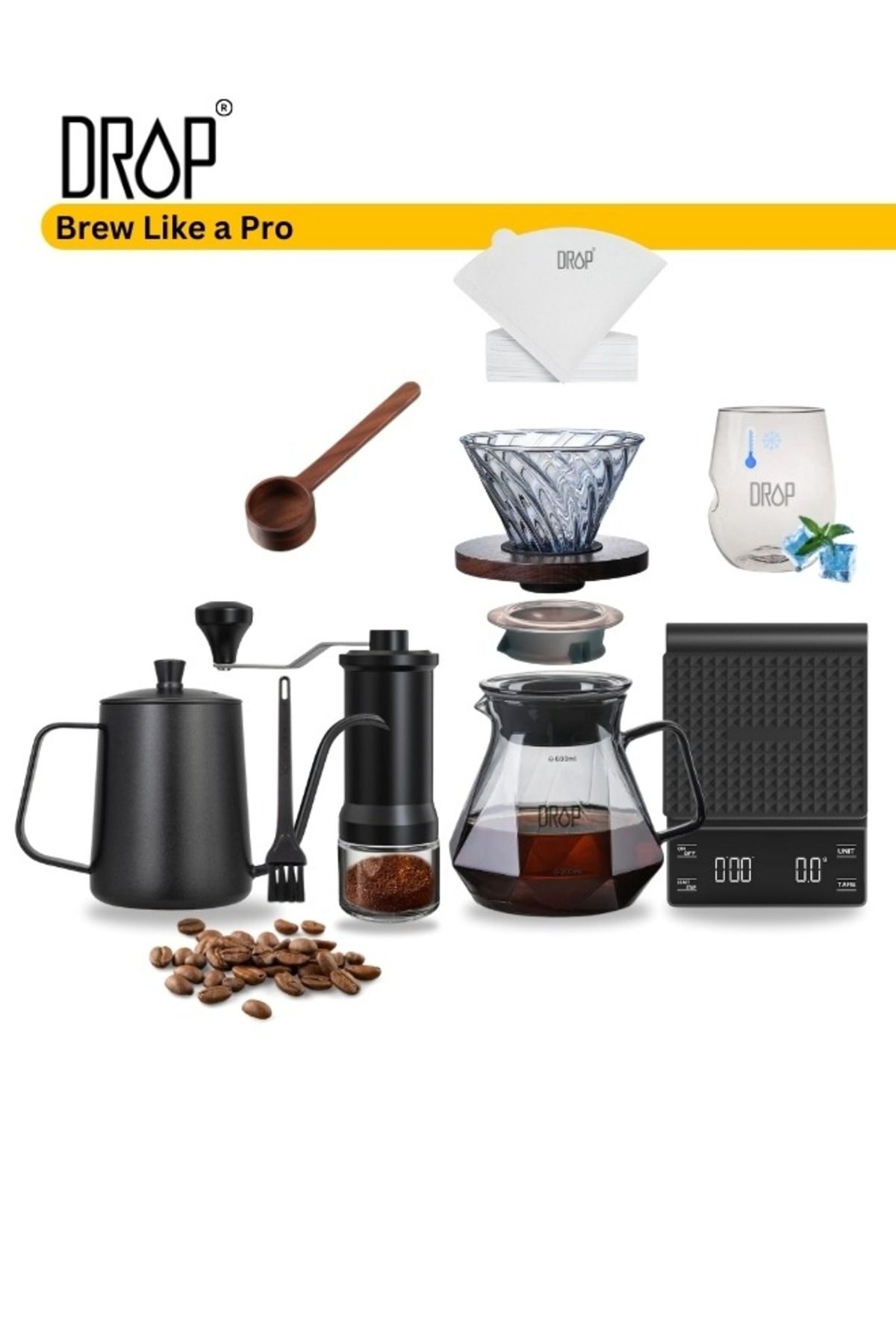 Drop-V60 Drip Coffee Maker 10-Piece Set – Manual Pour-Over Kit with Grinder, Kettle, and Accessories 1