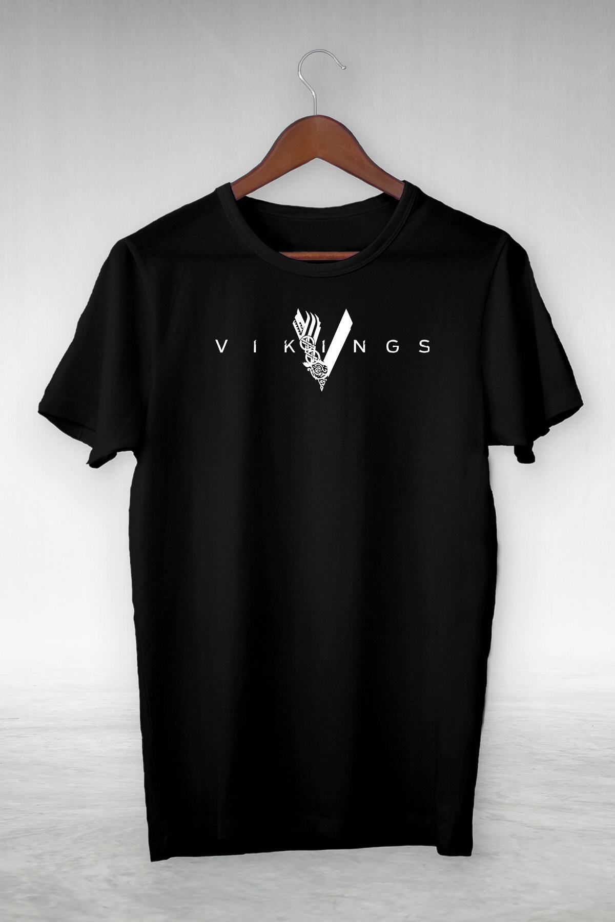 New Shine Unisex Siyah Vikings Cizim Vip Tasarım Tshirt