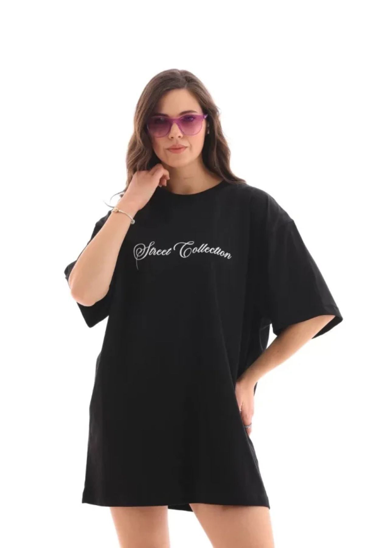 New Shine Unisex Bisiklet Yaka Baskılı Oversize T-Shirt - Siyah