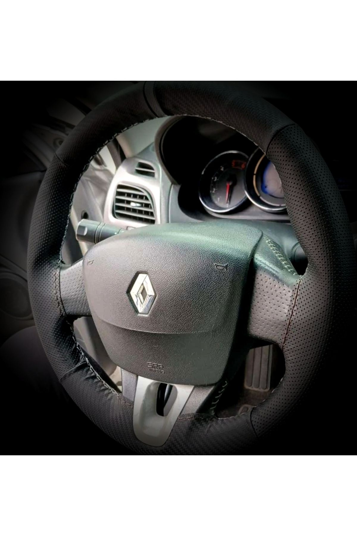DİKİŞLİ DİREKSİYON KILIFI KARBON / NOKTALI DERİ GRİ YÜZÜK GRİ DİKİŞ RENAULT FLUENCE İÇİN