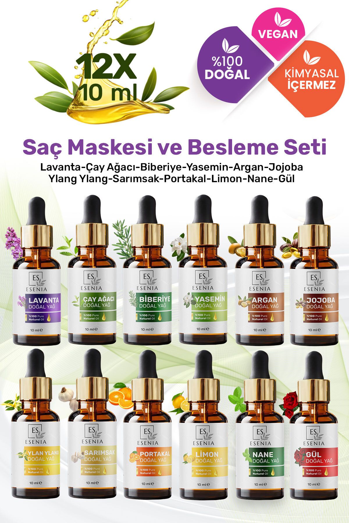 ESENIA 12'lı Set5 %100 Saf ve Doğal Damlalık Kapak Katkısız Bitkisel Uçucu Yağ 12 x10ml