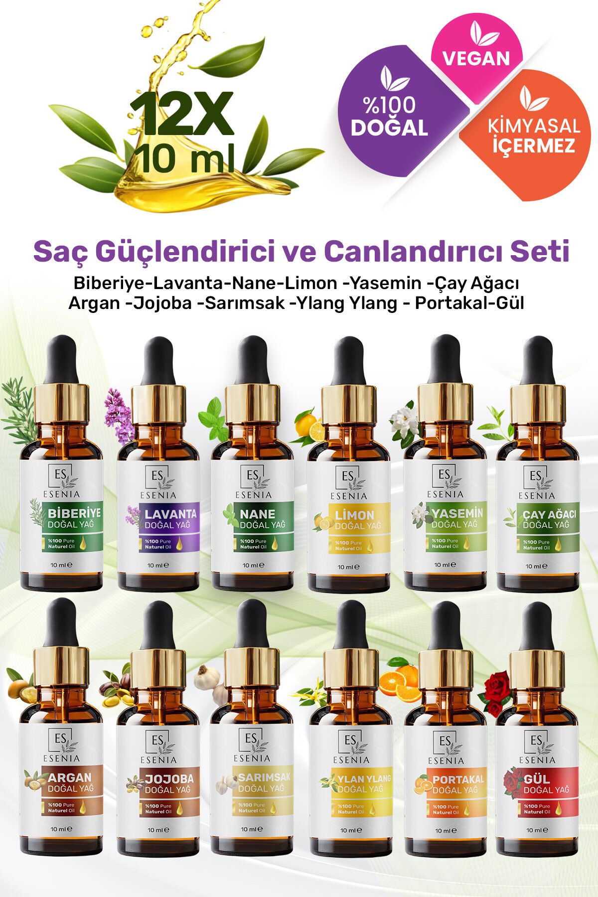 ESENIA 12'lı Set2 %100 Saf ve Doğal Damlalık Kapak Katkısız Bitkisel Uçucu Yağ 12 x10ml