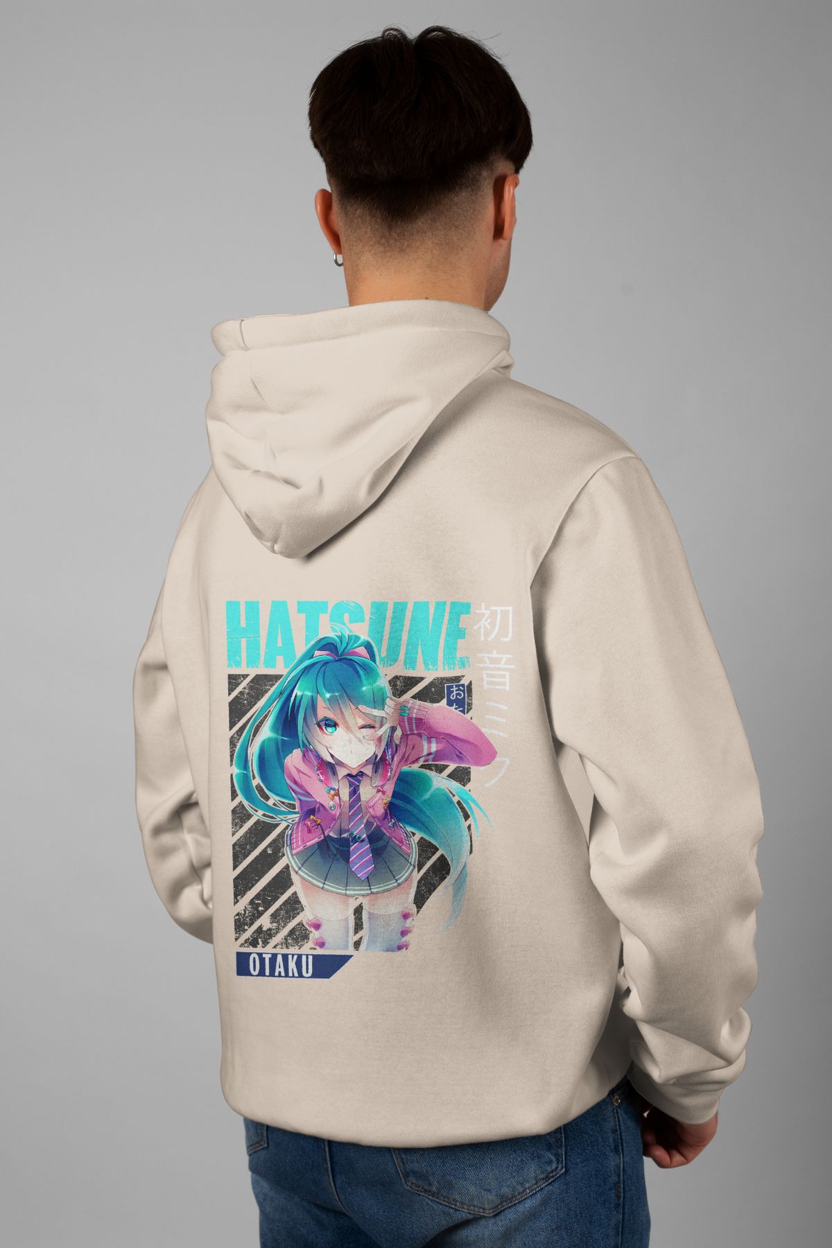 Zestia Unisex Hoodie, Miku Hatsune Sırt Baskılı, Regular,%100 Pamuk, Krem Renk Kapşonlu No: 0170