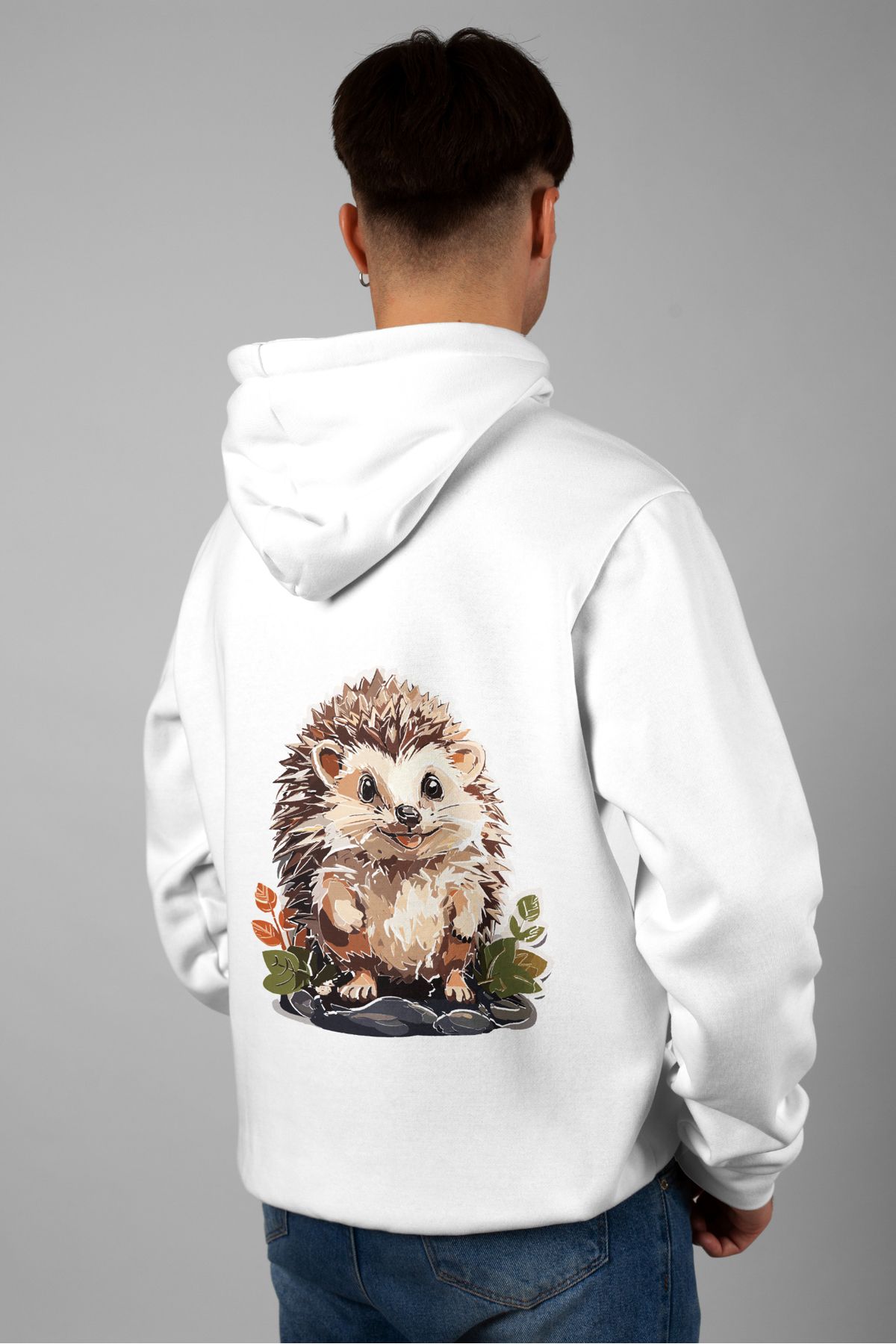 Zestia Unisex Hoodie, Kirpi Sırt Baskılı, Regular,%100 Pamuk, Beyaz Renk Kapşonlu No: 0005