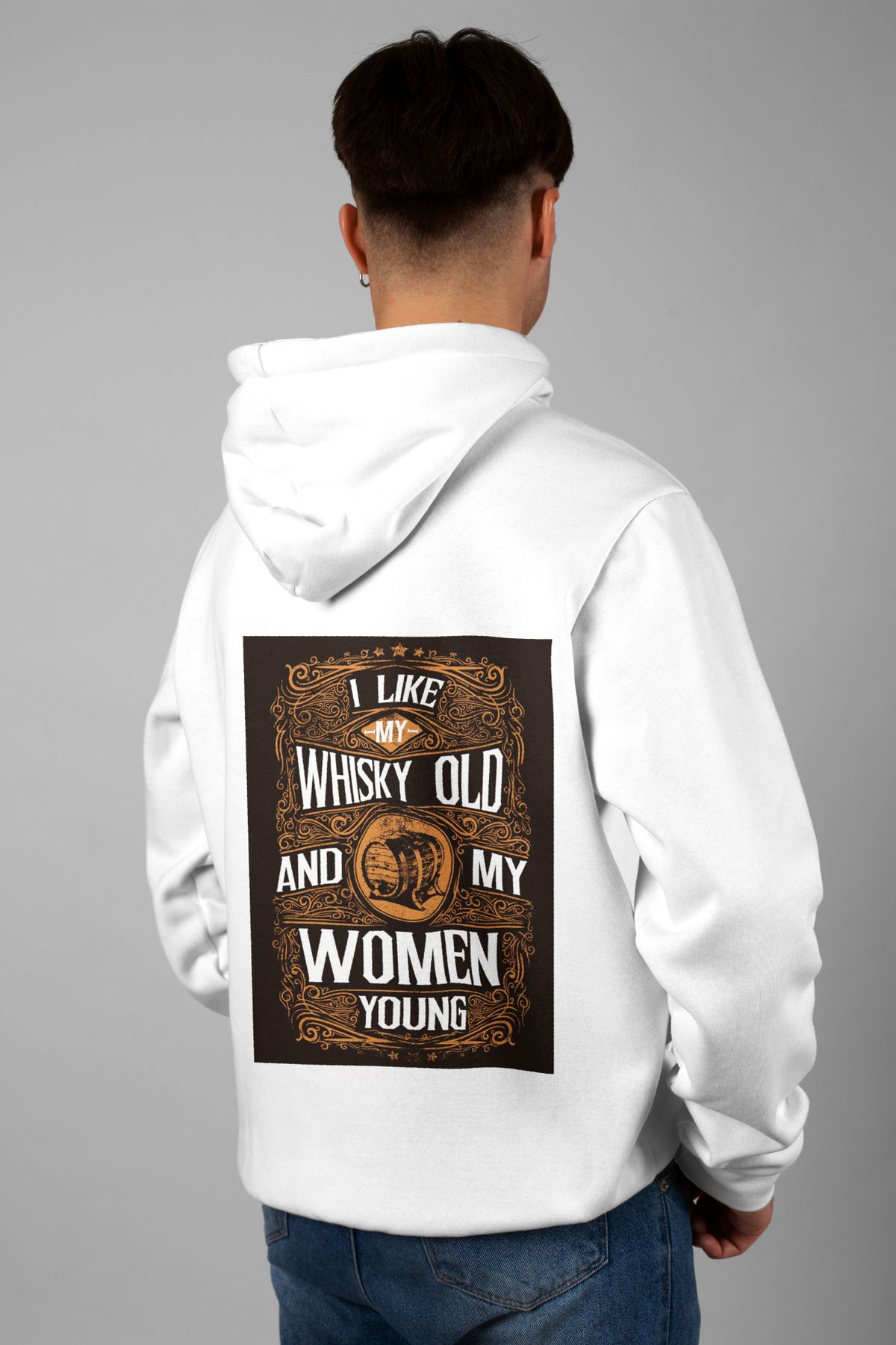 Zestia Unisex Hoodie, My Whisky Old Sırt Baskılı, Regular,%100 Pamuk, Beyaz Renk Kapşonlu No: 0234