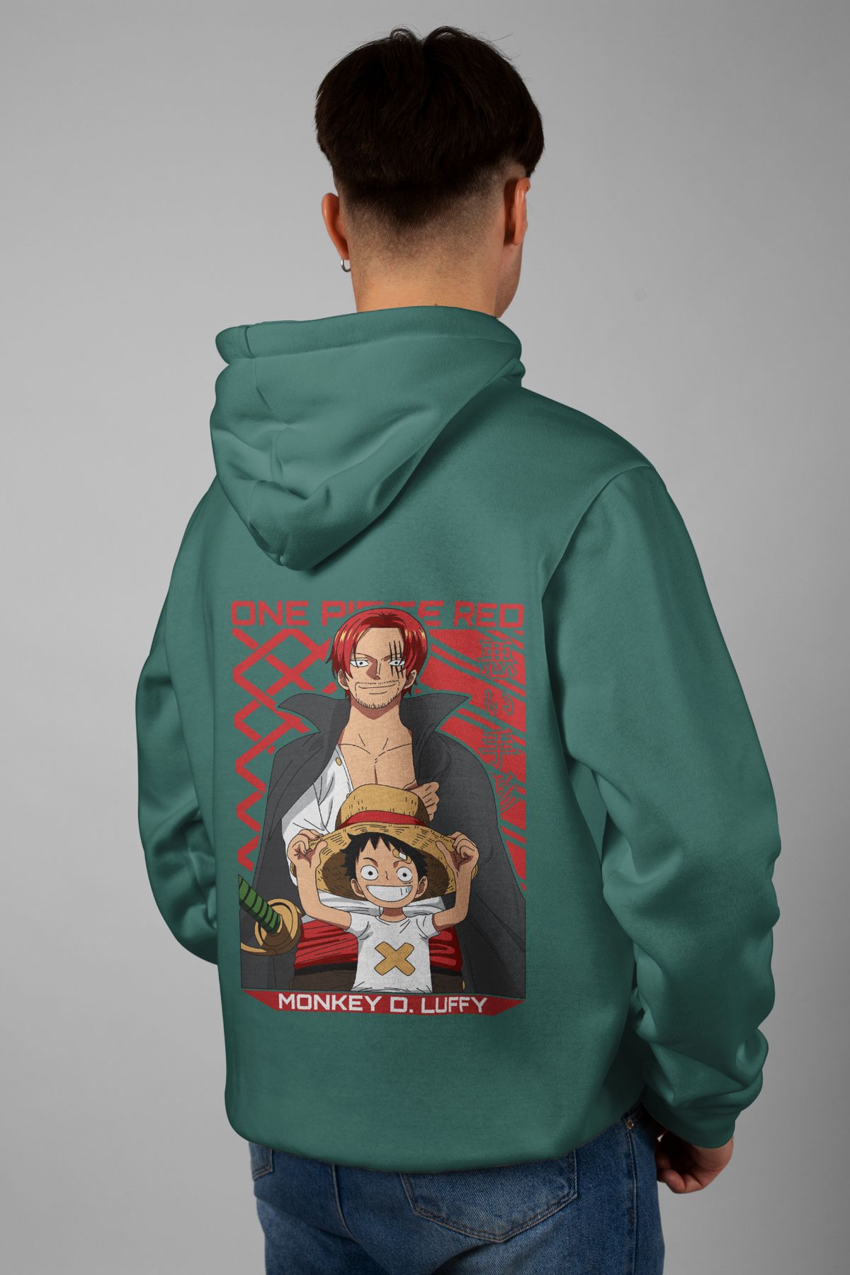 Zestia Unisex Hoodie, Monkey D. Luffy Sırt Baskılı, Regular,%100 Pamuk, Yeşil Renk Kapşonlu No: 0199