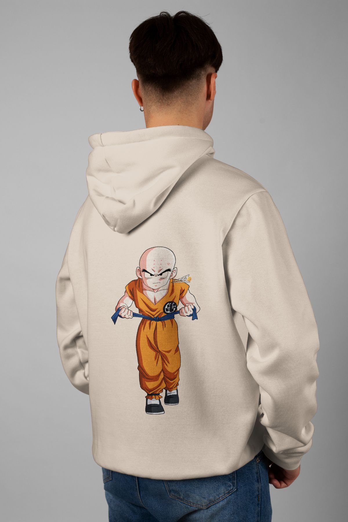 Zestia Unisex Hoodie, Krillin Sırt Baskılı, Regular,%100 Pamuk, Krem Renk Kapşonlu No: 0118